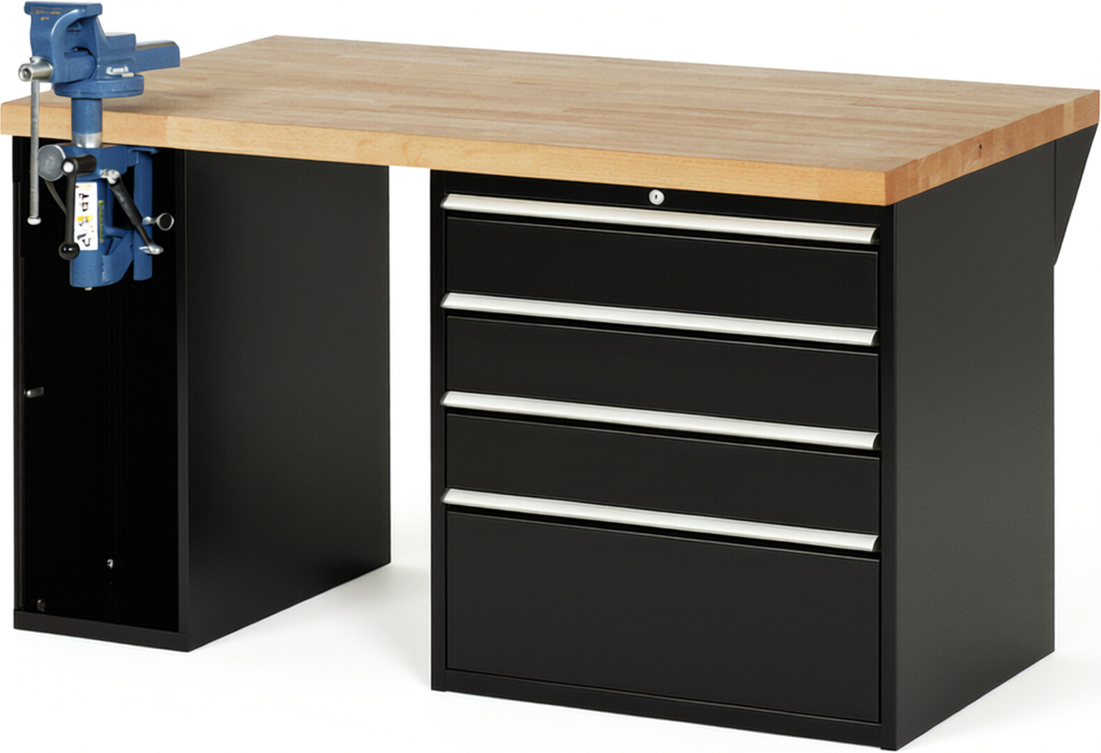 Werkbank Modell 7610 schwarz, BxTxH 1500x900x840 mm,  Buche-Massiv Arbeitsplatte 40 mm,  4 Schubladen mit  Auszug 90 %