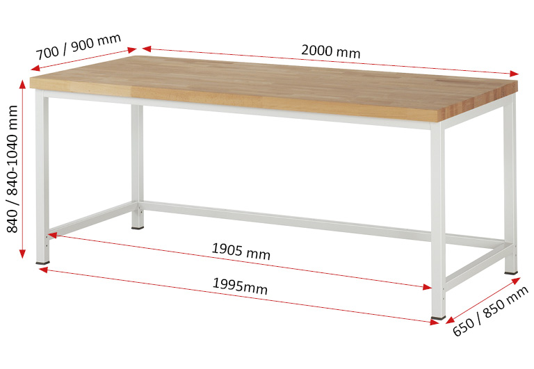 Werkbank Modell 8000 schwarz, BxTxH 2000x700x840-1040 mm,  Buche-Massiv Arbeitsplatte 40 mm