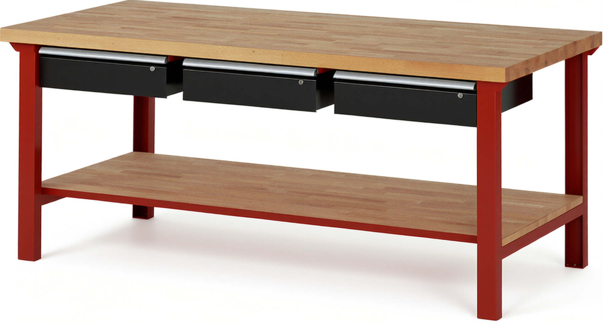 Werkbank Modell 7003 rot - schwarz, BxTxH 2000x900x840 mm,  Buche-Massiv Arbeitsplatte 40 mm,  3 Schubladen mit  Auszug 90 %