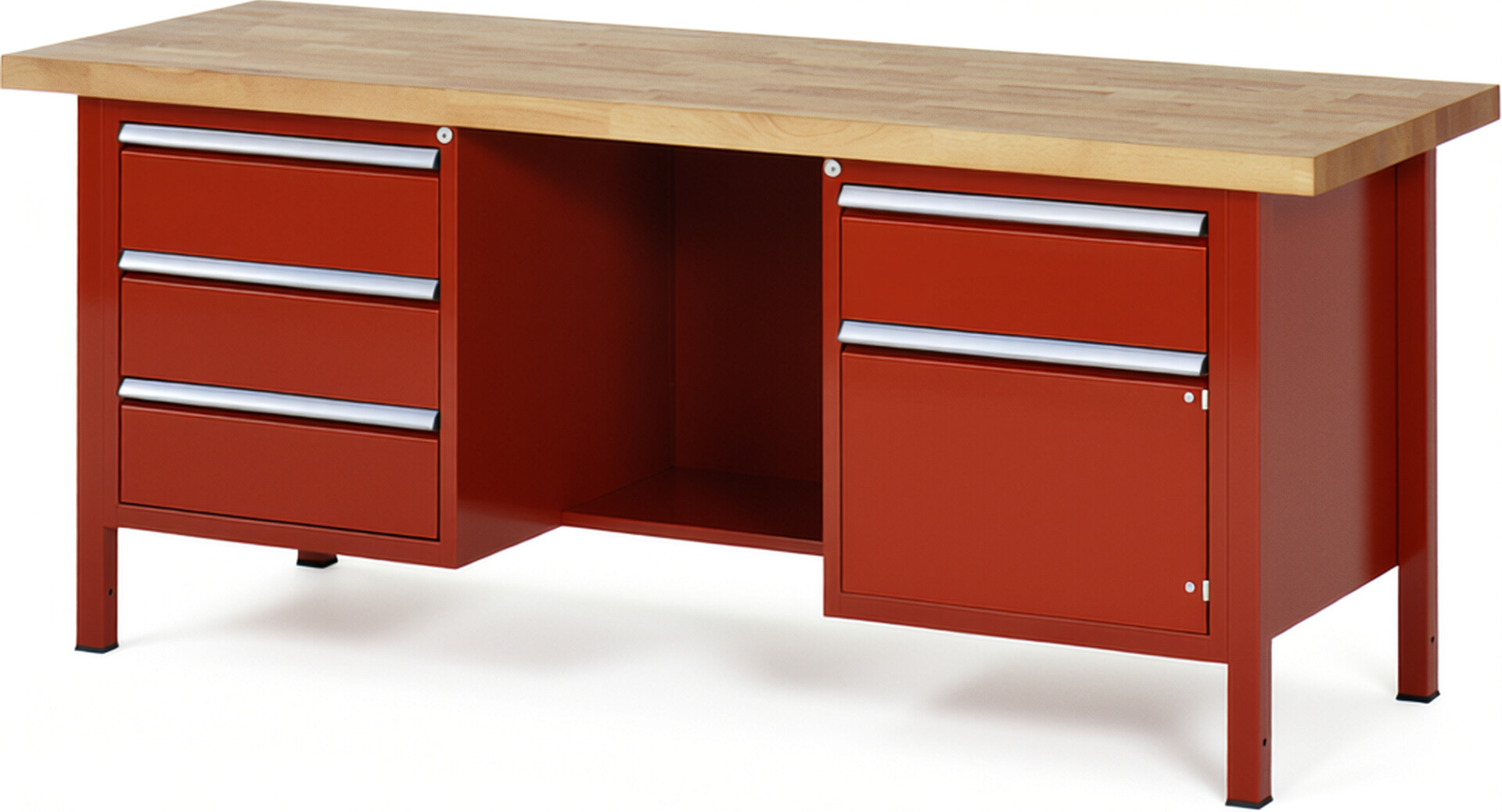 Werkbank Modell 8552 rot, BxTxH 2000x700x840-1040 mm,  Buche-Massiv Arbeitsplatte 40 mm,  4 Schubladen mit  Auszug 90 %