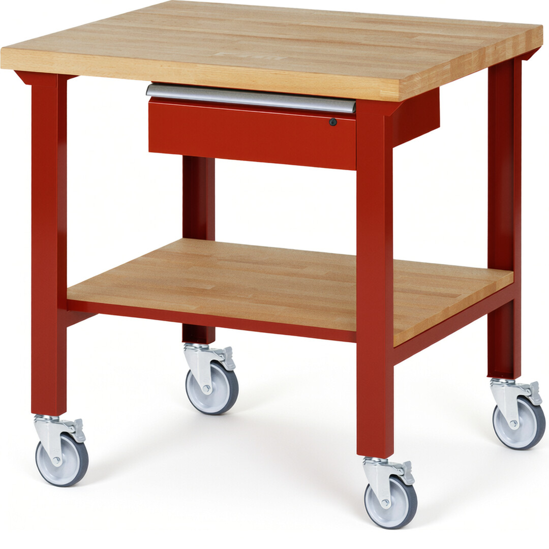 Fahrbare Werkbank Modell 7001 rot, BxTxH 1000x900x1000 mm,  Buche-Massiv Arbeitsplatte 40 mm,  1 Schublade mit  Auszug 90 %
