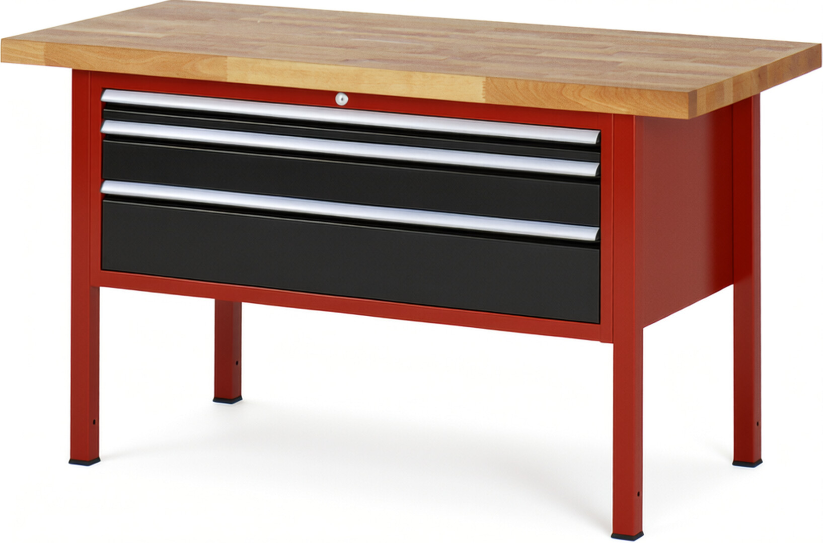Werkbank Modell 8326 rot - schwarz, BxTxH 1500x700x840 mm,  Buche-Massiv Arbeitsplatte 40 mm,  3 Schubladen mit  Auszug 90 %