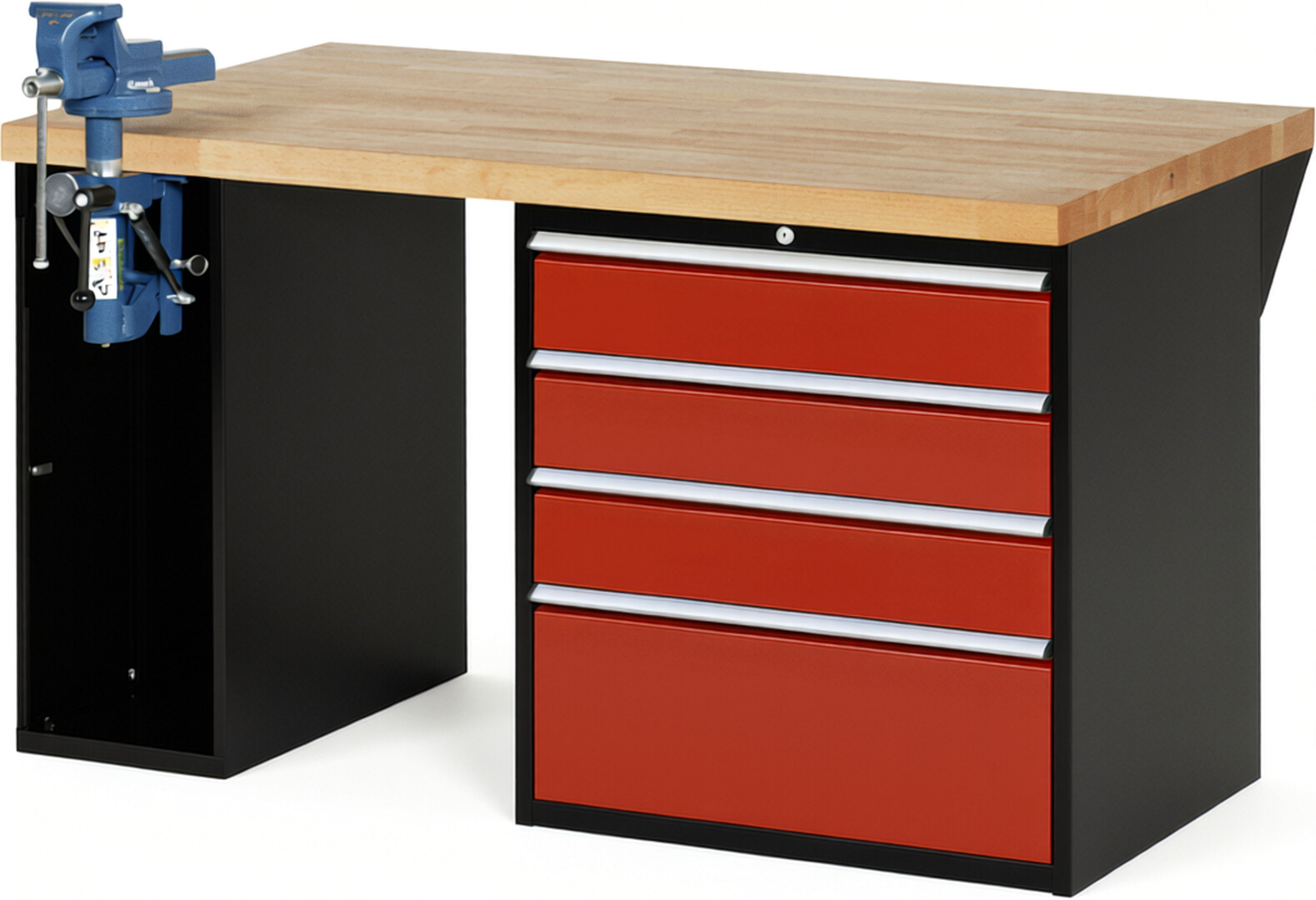 RAU Werkbank schwarz - rot - Breite 150 cm - Tiefe 90 cm - Höhe 84 cm - Buche-Massiv Arbeitsplatte 40 mm