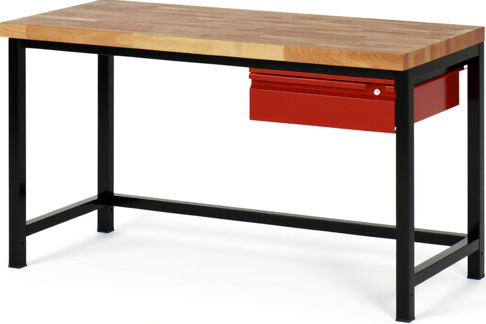 Werkbank schwarz - rot, Breite 150 cm, Tiefe 70 cm, Höhe 84 cm, 1 Schublade(n), Platte: Buche-Massiv-Arbeitsplatte