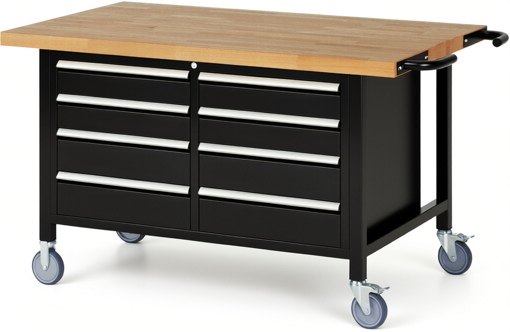 RAU Werkbank schwarz - Breite 150 cm - Tiefe 90 cm - Höhe 108 cm - Buche-Massiv Arbeitsplatte 40 mm