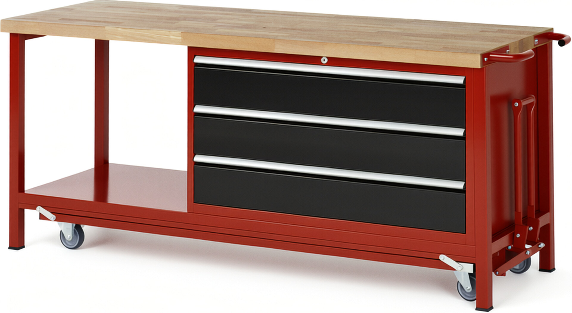 Absenkbare Werkbank Modell 8357 rot - schwarz, BxTxH 2000x700x880 mm,  Buche-Massiv Arbeitsplatte 40 mm,  3 Schubladen mit  Vollauszug 100 % und  SoftClosing