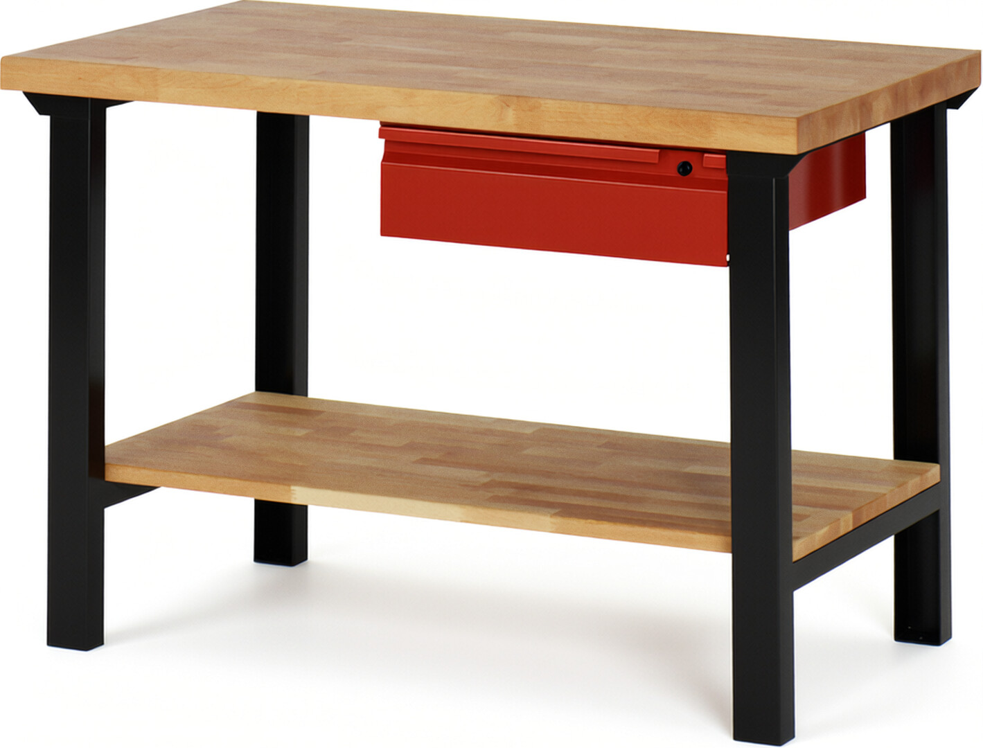 RAU Werkbank schwarz - rot - Breite 125 cm - Tiefe 70 cm - Höhe 84 cm - Buche-Massiv Arbeitsplatte 40 mm