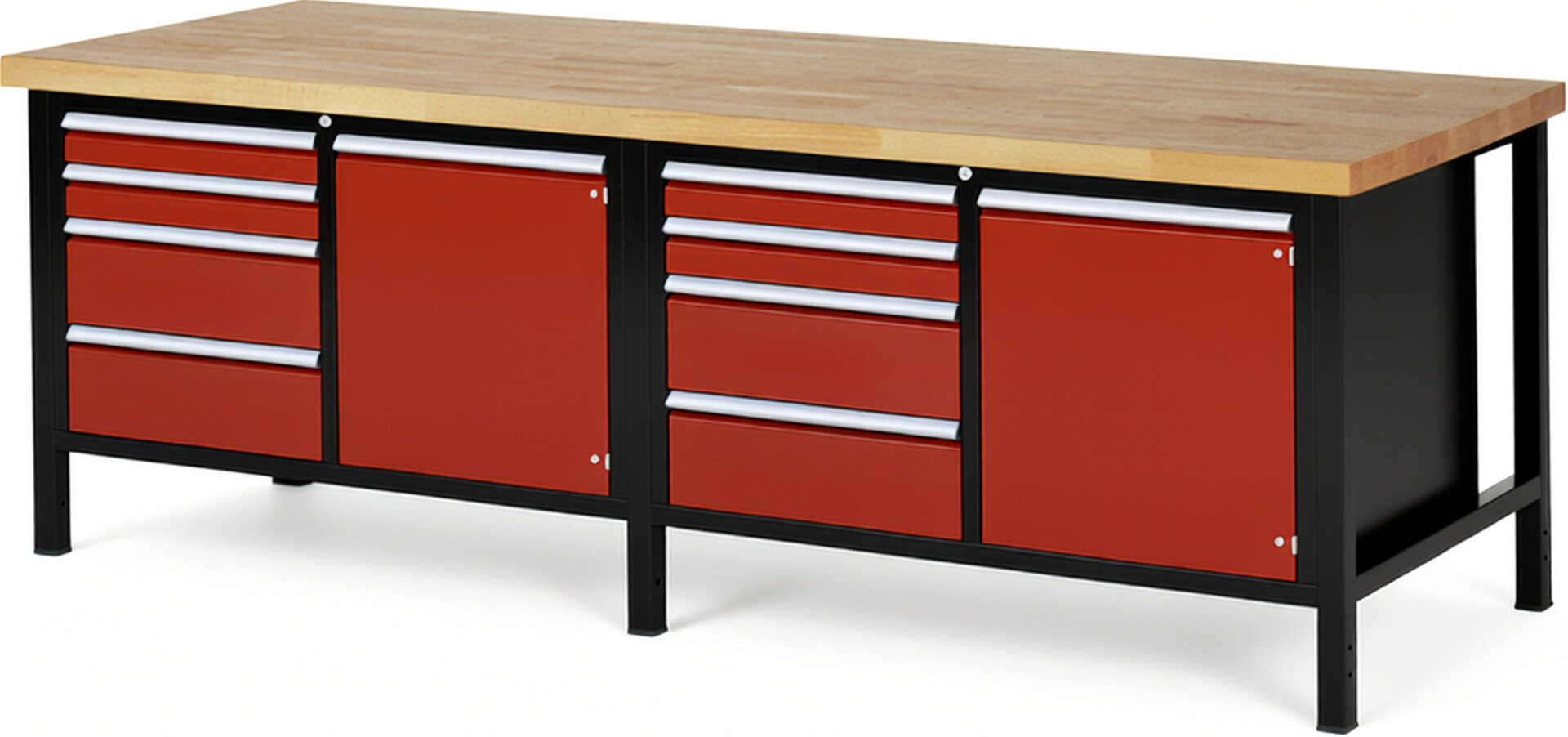 RAU Werkbank schwarz - rot - Breite 250 cm - Tiefe 90 cm - Höhe 104 cm - Buche-Massiv Arbeitsplatte 40 mm