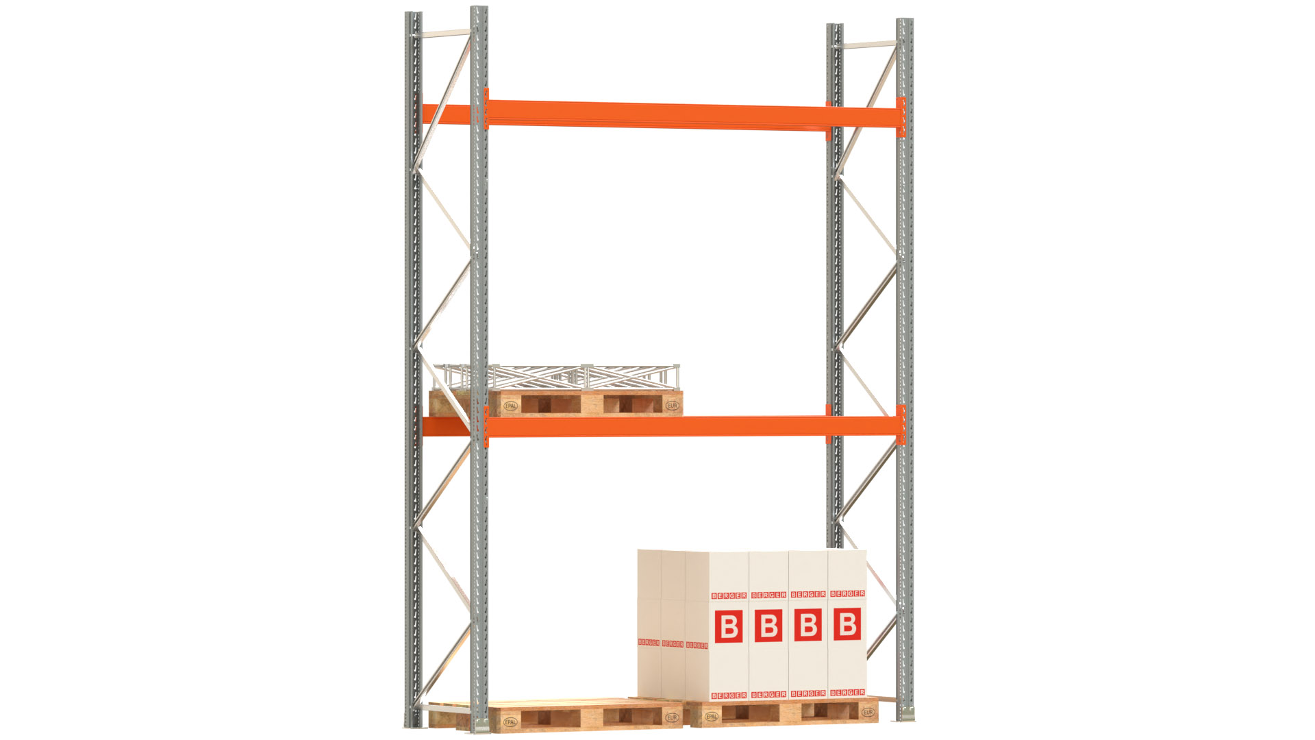 Palettenregal ARTUS - Breite 287 cm - Höhe 400 cm - Tiefe 80 cm - 2 Träger-Ebenen - Fachlast 2000 kg - 6 Palettenstellplätze