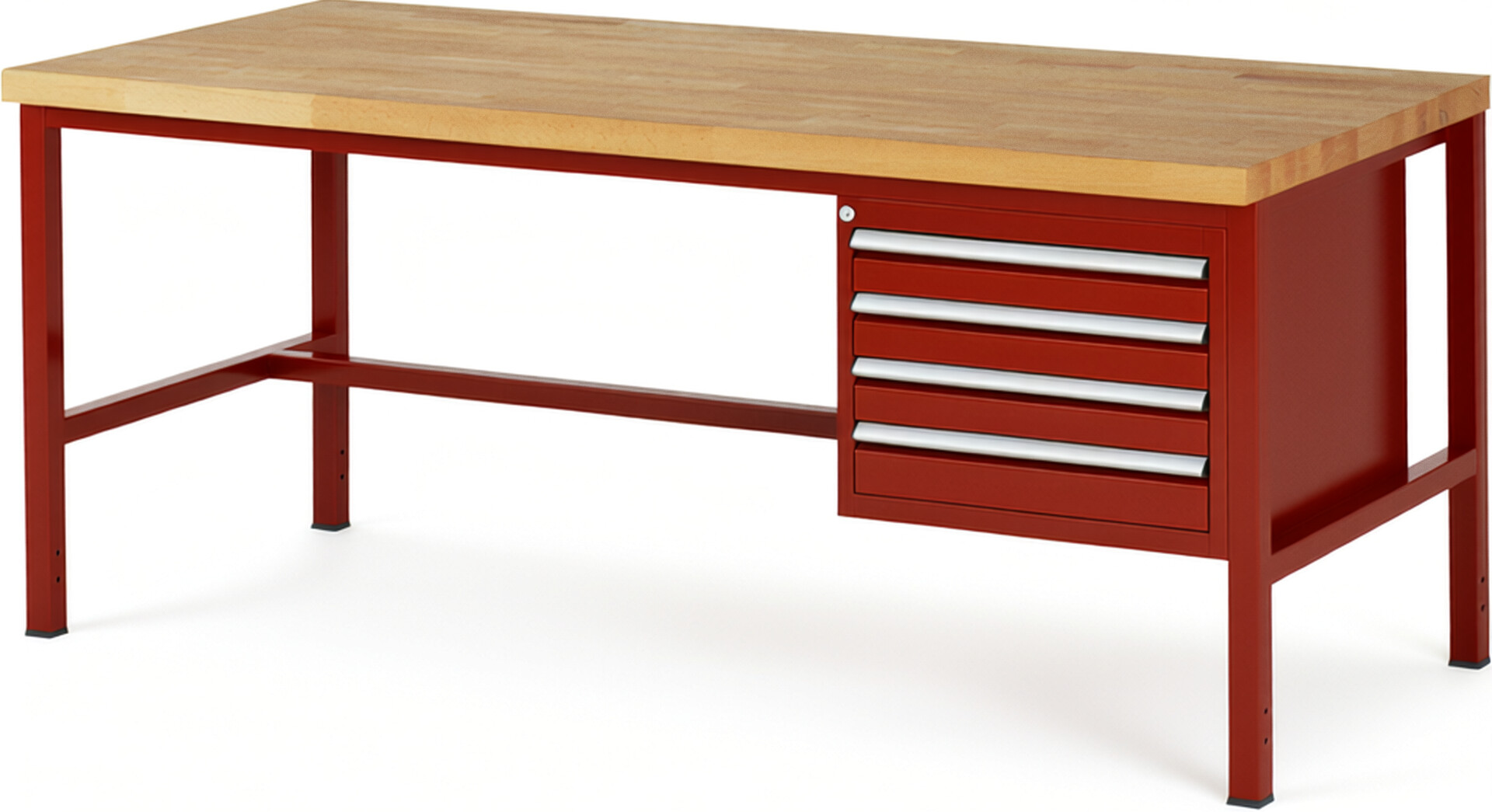 Werkbank Modell 8133 rot, BxTxH 2000x900x840-1040 mm,  Buche-Massiv Arbeitsplatte 40 mm,  4 Schubladen mit  Vollauszug 100 % und  SoftClosing