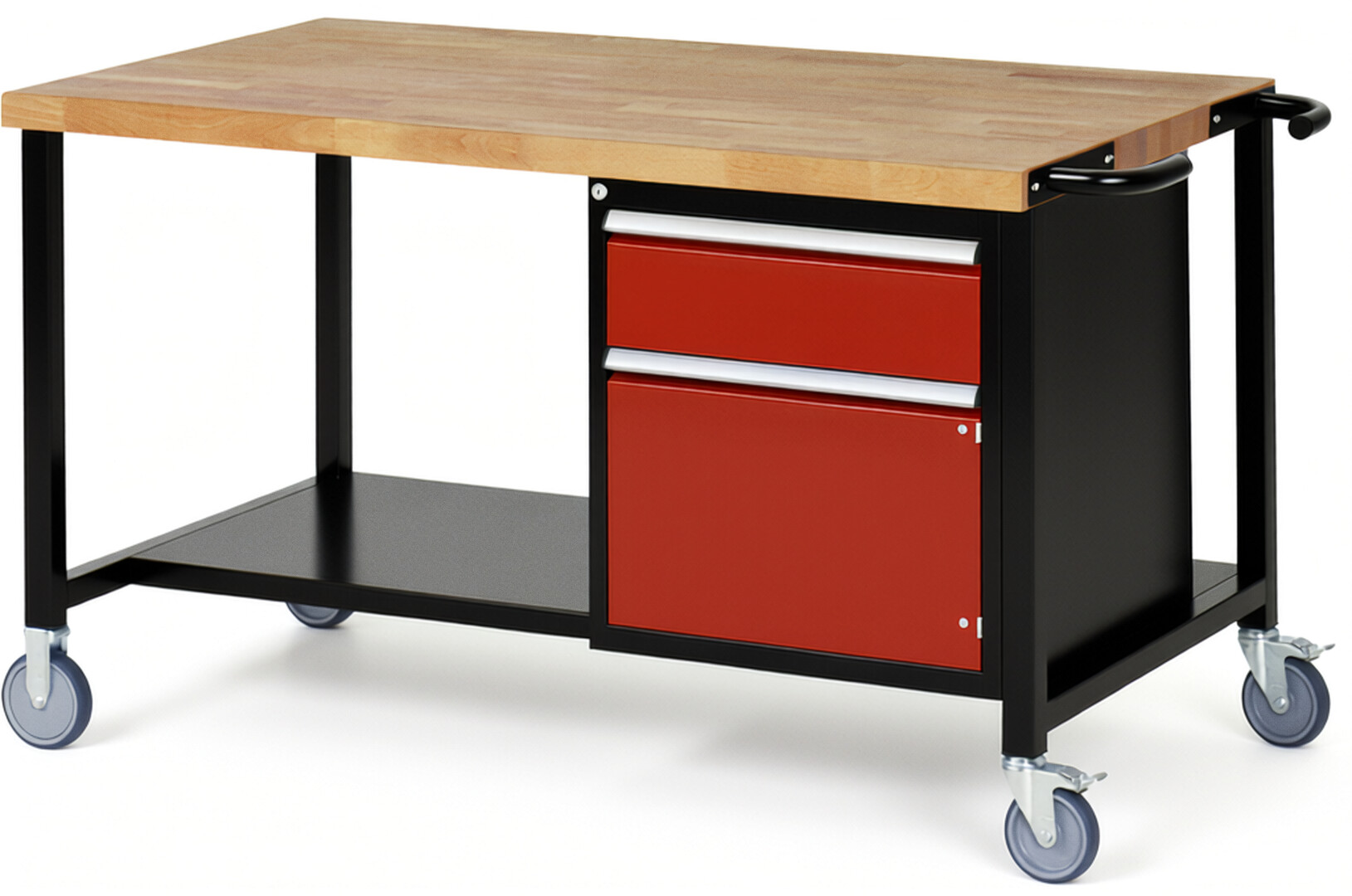 RAU Werkbank schwarz - rot - Breite 150 cm - Tiefe 90 cm - Höhe 88 cm - Buche-Massiv Arbeitsplatte 40 mm