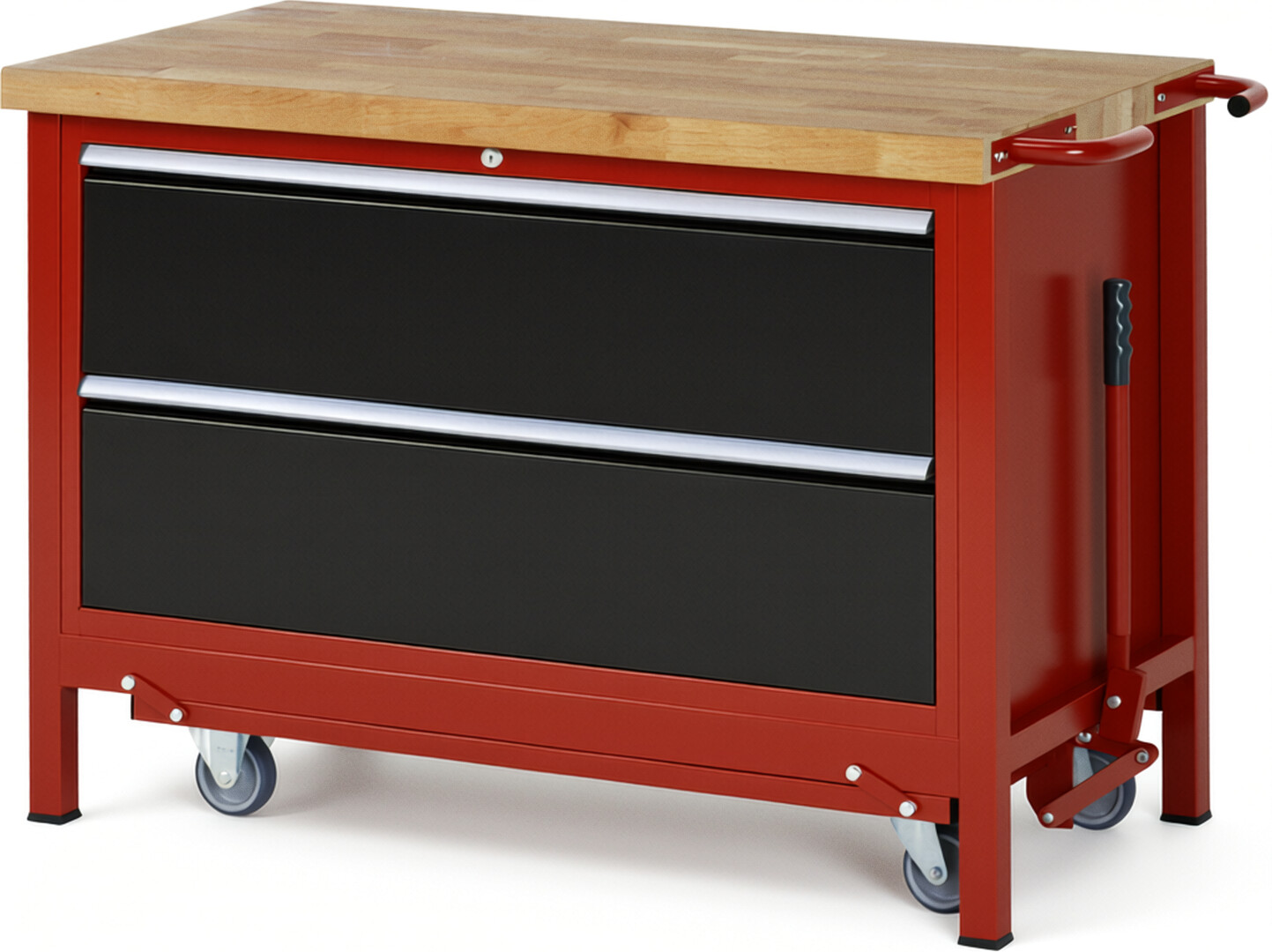 Absenkbare Werkbank Modell 8355 rot - schwarz, BxTxH 1250x700x880 mm,  Buche-Massiv Arbeitsplatte 40 mm,  2 Schubladen mit  Vollauszug 100 % und  SoftClosing