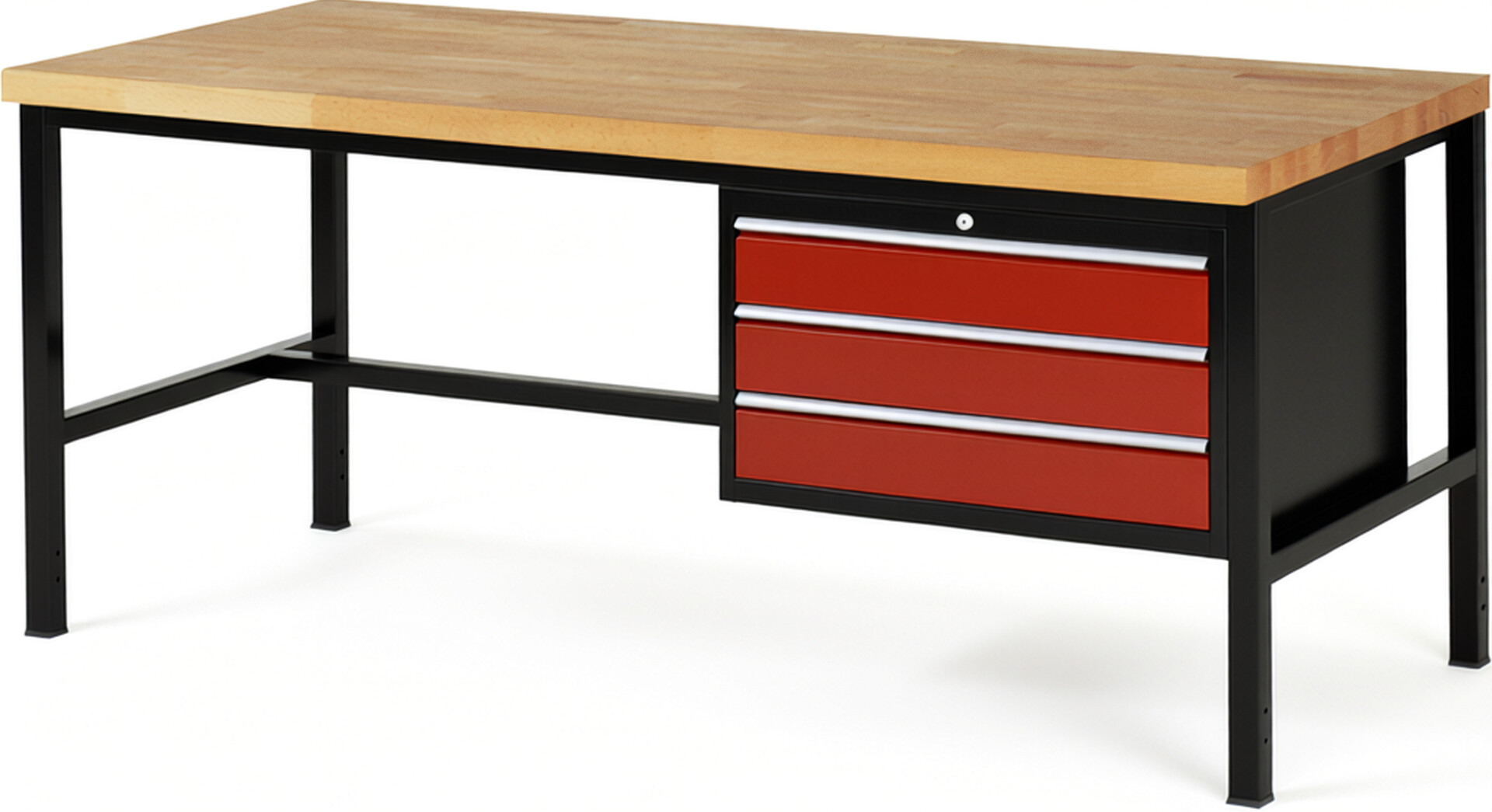 RAU Werkbank schwarz - rot - Breite 200 cm - Tiefe 90 cm - Höhe 104 cm - Buche-Massiv Arbeitsplatte 40 mm