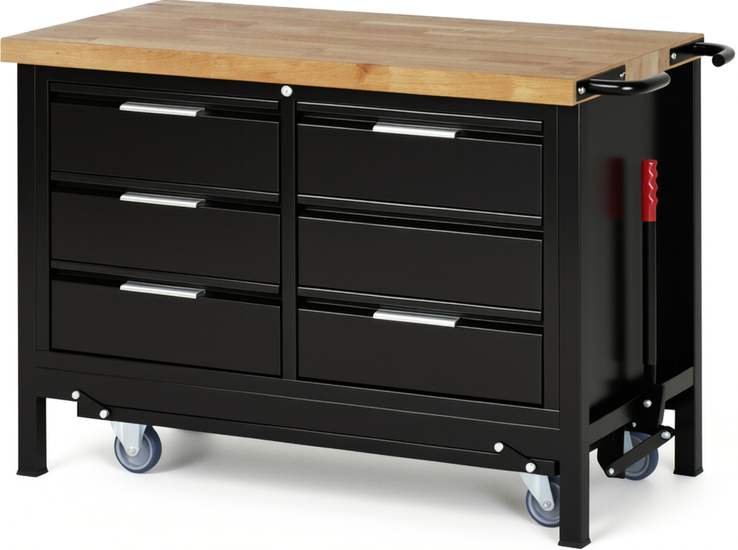 Absenkbare Werkbank - Modell 8473 BASIC schwarz, BxTxH 1250x700x880 mm,  Buche-Massiv Arbeitsplatte 40 mm,  6 Schubladen mit  Auszug 90 %