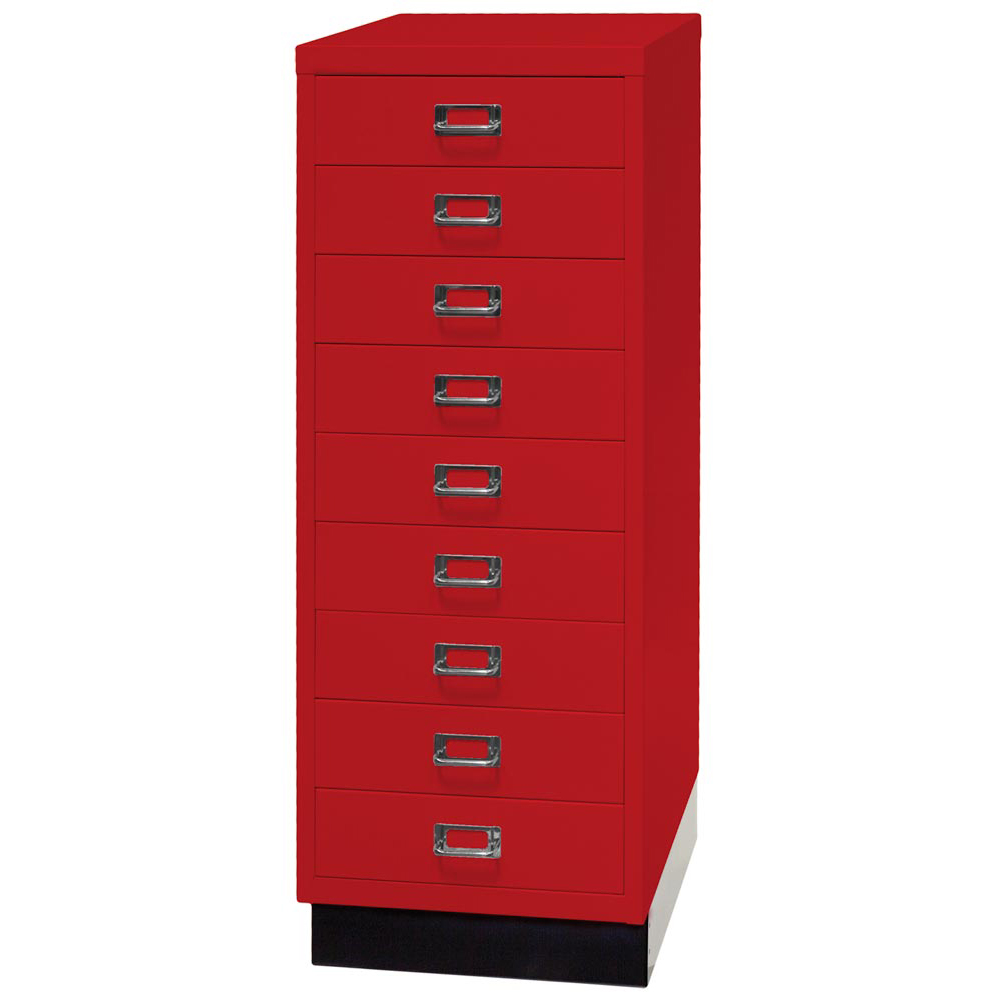 Schubladenschrank aus Stahl, BxTxH 349x432x940 mm, 9 Schubladen 87 mm, DIN A3, Sockel 80 mm hoch, kardinalrot