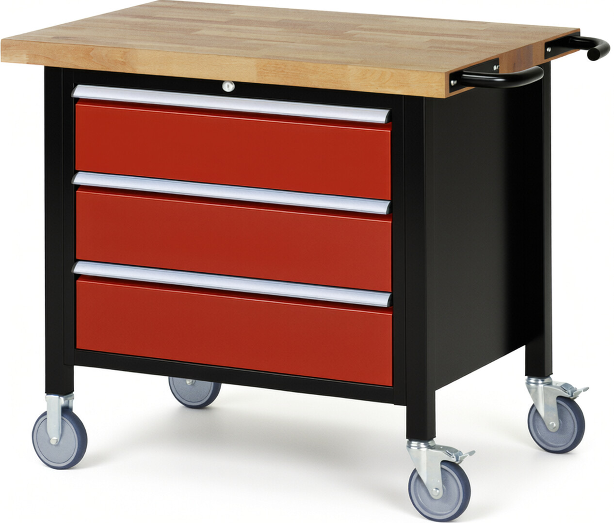 RAU Werkbank schwarz - rot - Breite 100 cm - Tiefe 70 cm - Höhe 108 cm - Buche-Massiv Arbeitsplatte 40 mm