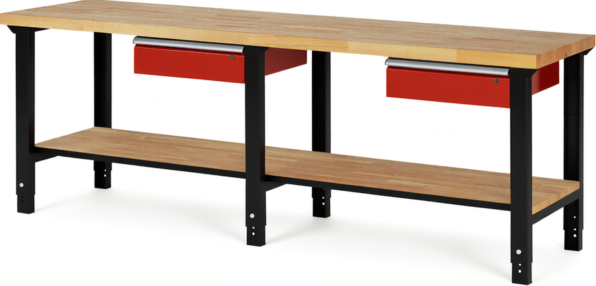 RAU Werkbank schwarz - rot - Breite 250 cm - Tiefe 70 cm - Höhe 114 cm - Buche-Massiv Arbeitsplatte 40 mm