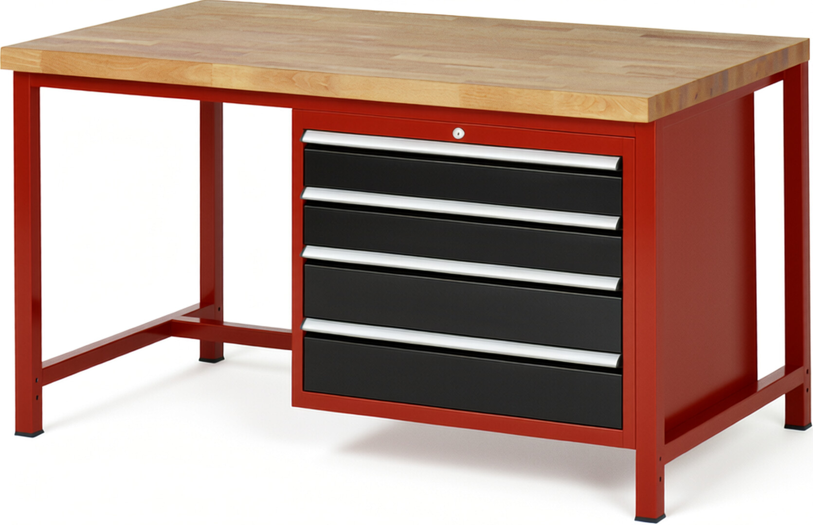 RAU Werkbank rot - schwarz - Breite 150 cm - Tiefe 90 cm - Höhe 104 cm - Buche-Massiv Arbeitsplatte 40 mm