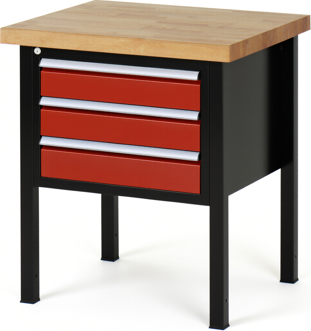 Werkbank Modell 8127 schwarz-rot, BxTxH 750x700x840 mm,  Buche-Massiv Arbeitsplatte 40 mm,  3 Schubladen mit  Vollauszug 100 % und  SoftClosing