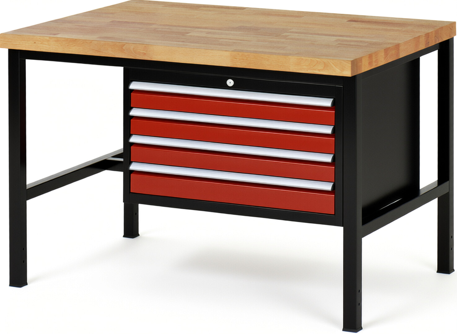 RAU Werkbank schwarz - rot - Breite 125 cm - Tiefe 90 cm - Höhe 104 cm - Buche-Massiv Arbeitsplatte 40 mm