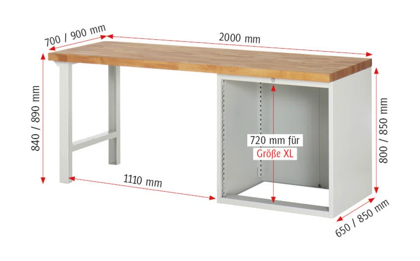Werkbank Modell 7616 rot - schwarz, BxTxH 2000x700x840 mm,  Buche-Massiv Arbeitsplatte 40 mm,  6 Schubladen mit  Auszug 90 %