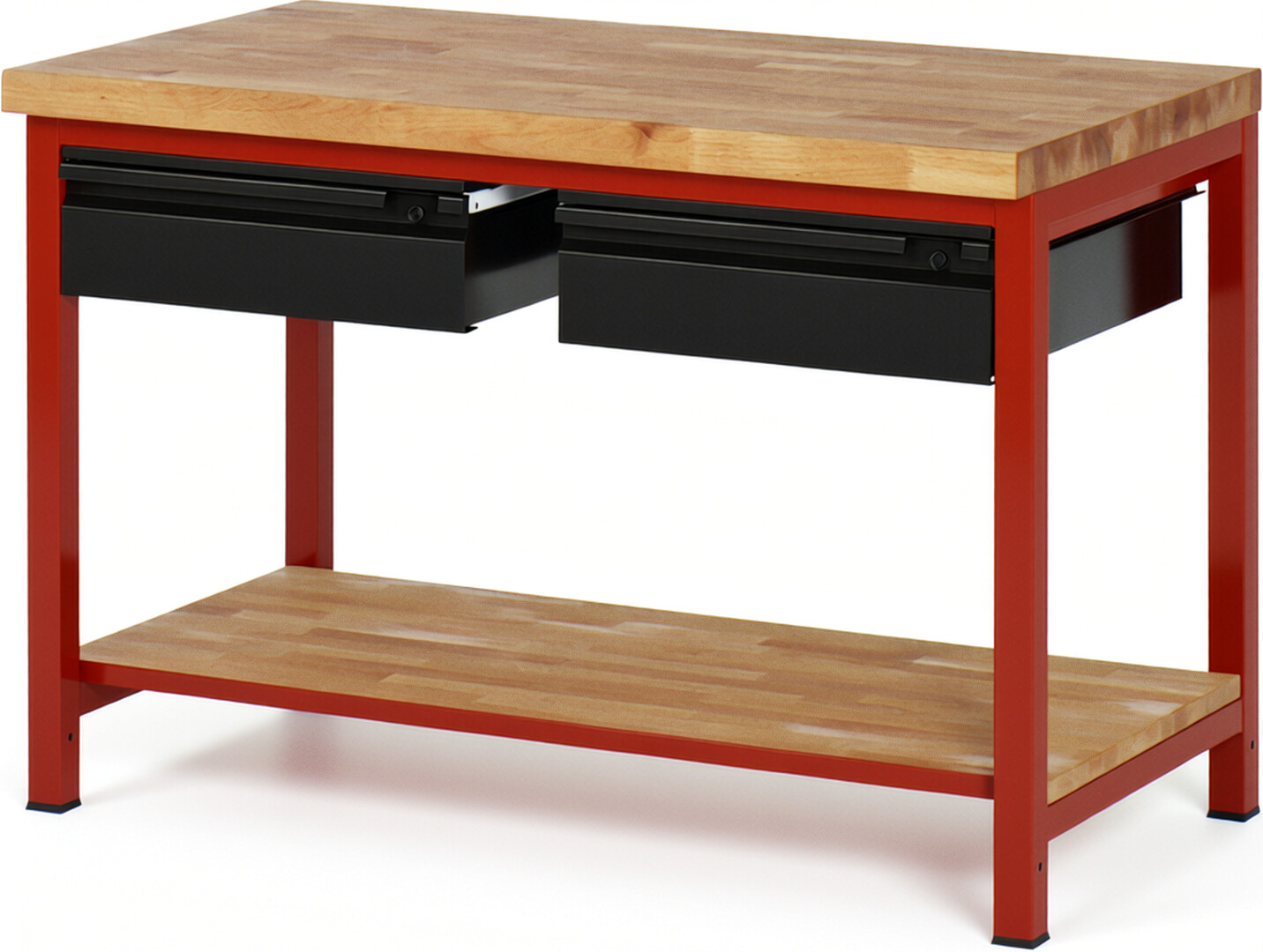 Werkbank - Modell 8002 BASIC rot - schwarz, BxTxH 1250x700x840-1040 mm,  Buche-Massiv Arbeitsplatte 40 mm,  2 Schubladen mit  Auszug 90 %