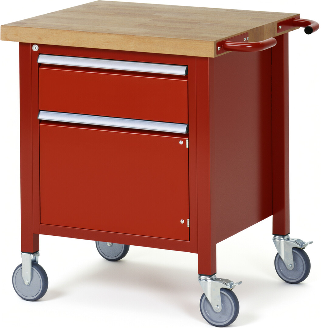 Fahrbare Werkbank Modell 8152 rot, BxTxH 750x700x880 mm,  Buche-Massiv Arbeitsplatte 40 mm,  1 Schublade mit  Vollauszug 100 % und  SoftClosing
