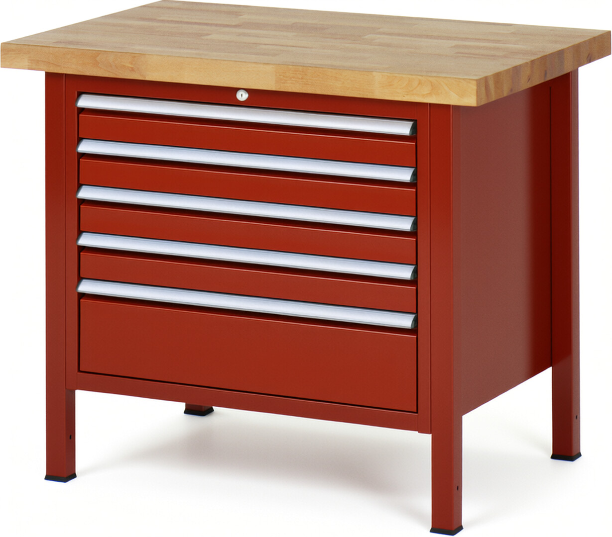 Werkbank Modell 8268 rot, BxTxH 1000x700x840 mm,  Buche-Massiv Arbeitsplatte 40 mm,  5 Schubladen mit  Auszug 90 %