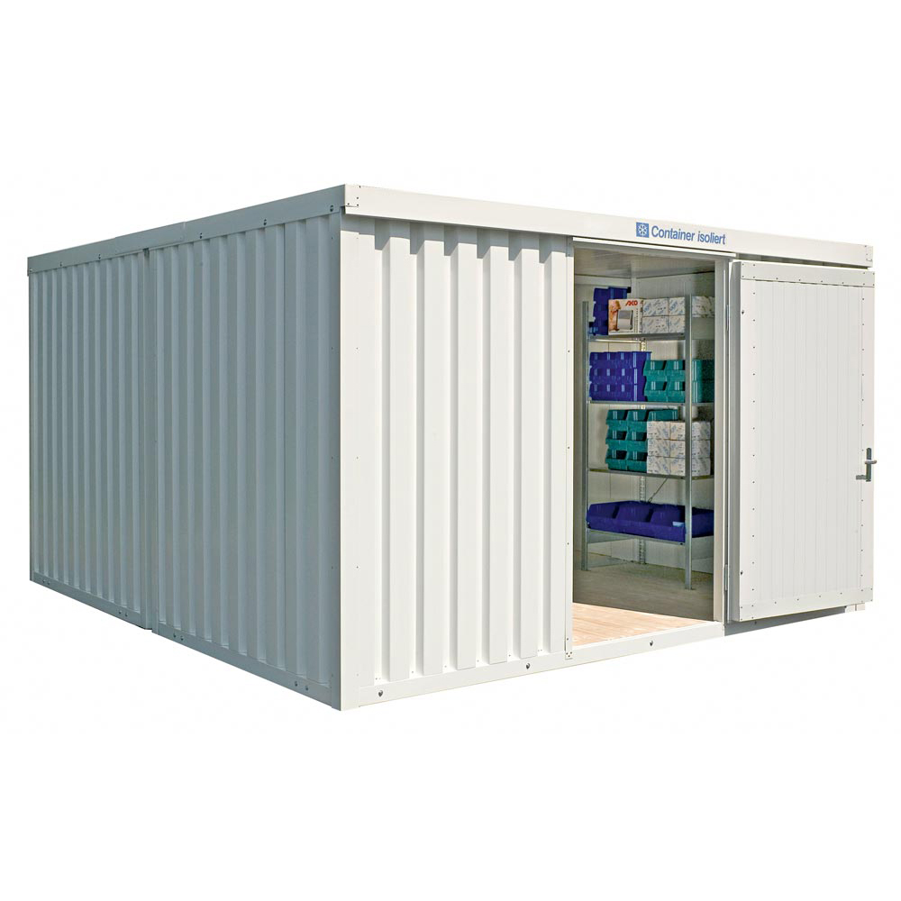 Materialcontainer, Isolierter Lagercontainer, 3 Module, montiert, mit Holzfußboden, RAL 9002 grauweiß, BxTxH 4050x6520x2470 mm