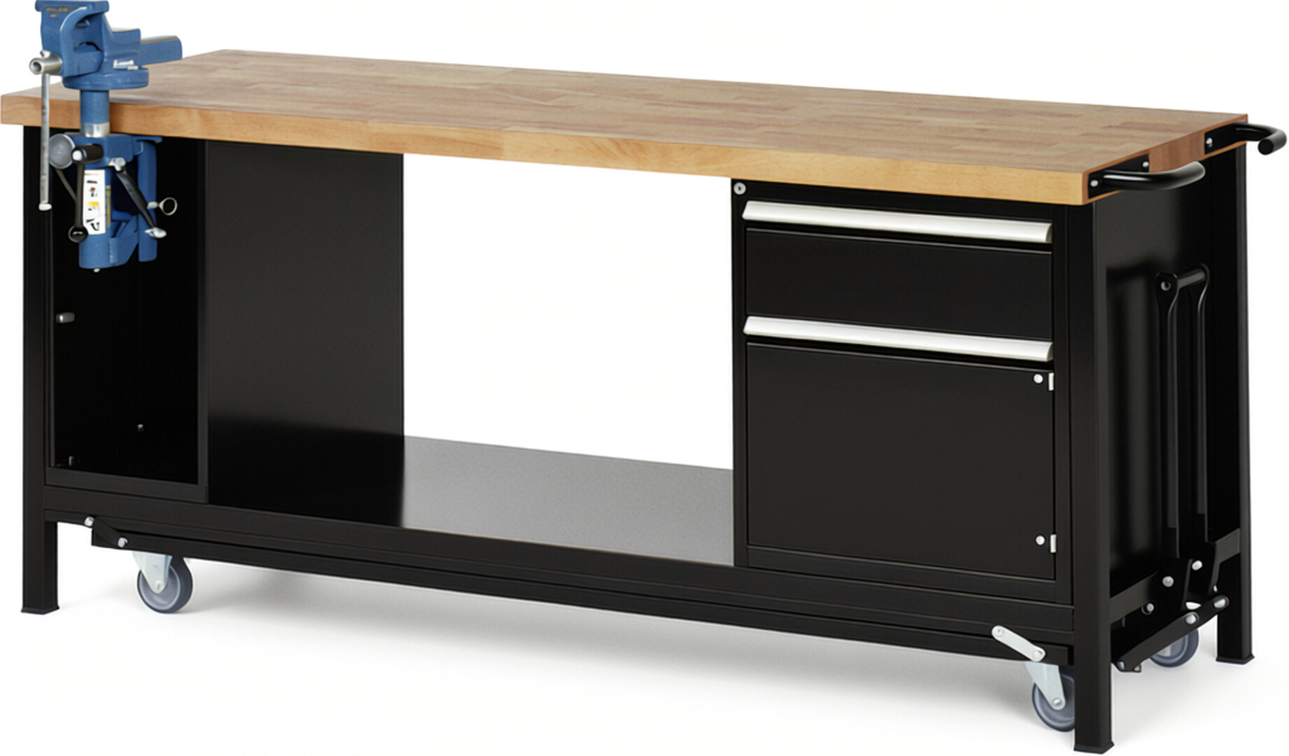Absenkbare Werkbank Modell 8181 schwarz, BxTxH 2000x700x880 mm,  Buche-Massiv Arbeitsplatte 40 mm,  1 Schublade mit  Vollauszug 100 % und  SoftClosing