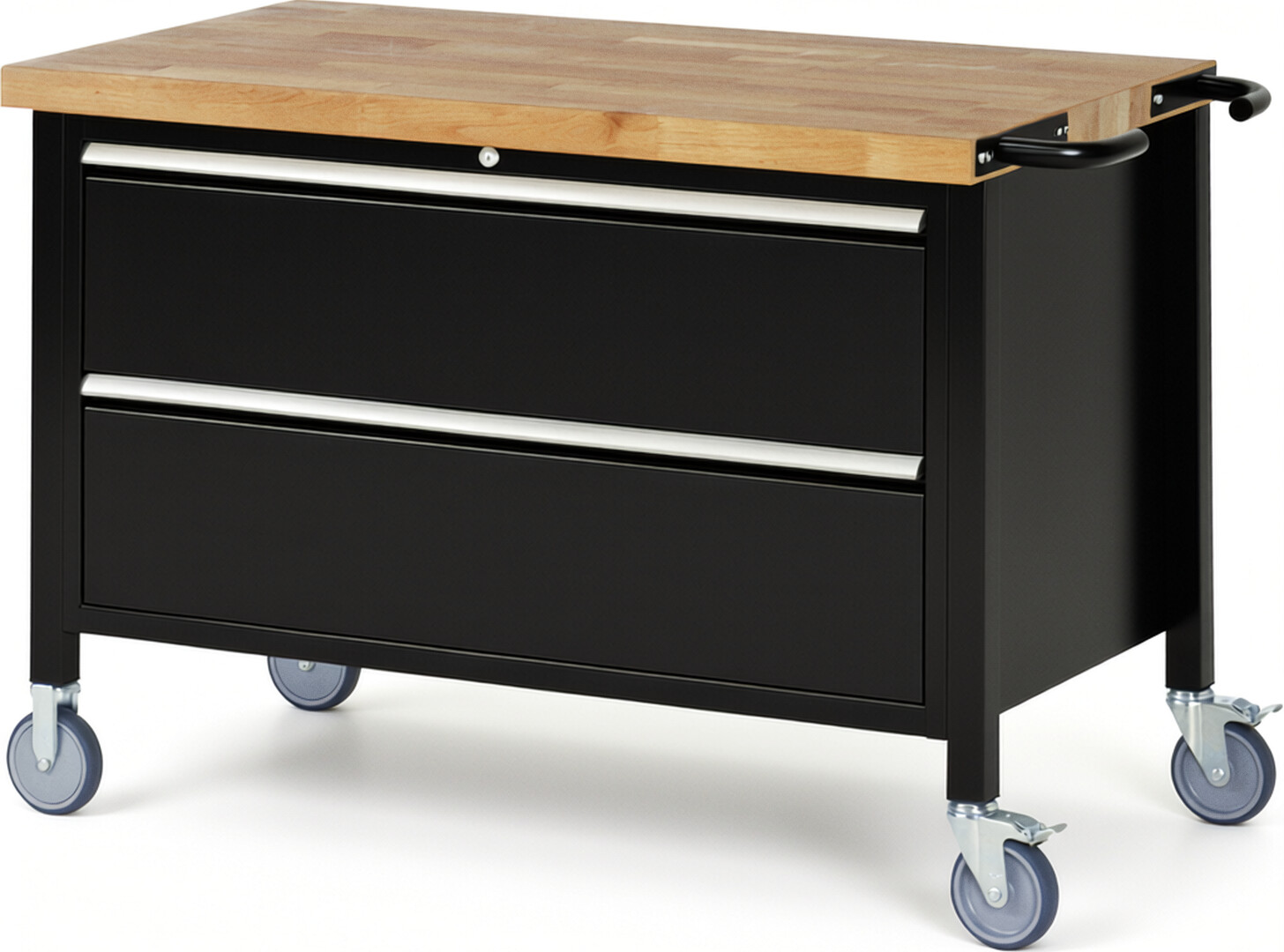 Fahrbare Werkbank Modell 8355 schwarz, BxTxH 1250x700x880 mm,  Buche-Massiv Arbeitsplatte 40 mm,  2 Schubladen mit  Vollauszug 100 % und  SoftClosing