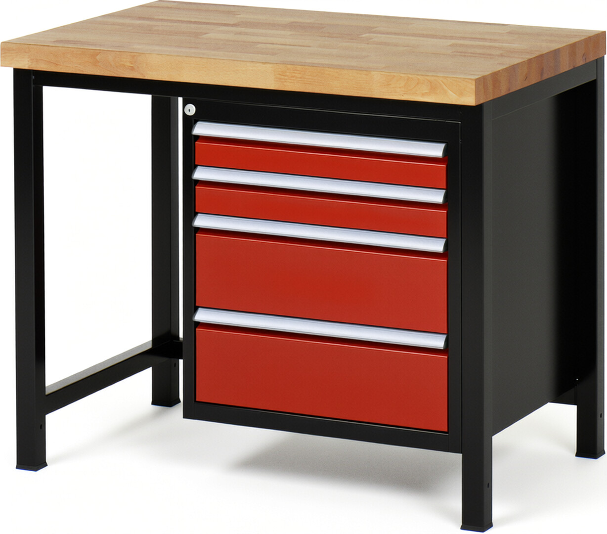 Werkbank Modell 8161 schwarz-rot, BxTxH 1000x700x840-1040 mm,  Buche-Massiv Arbeitsplatte 40 mm,  4 Schubladen mit  Auszug 90 %