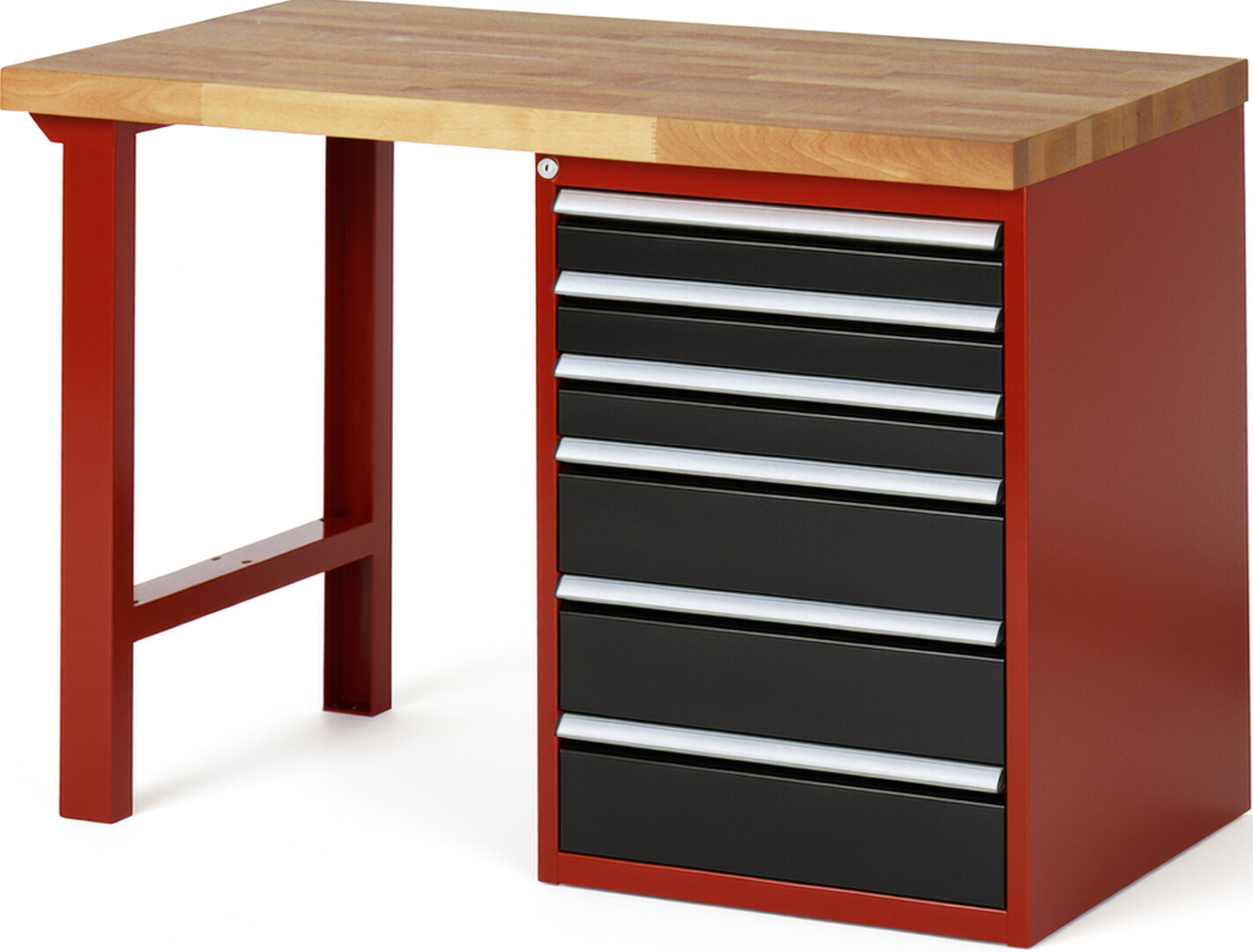 Werkbank Modell 7515 rot - schwarz, BxTxH 1250x700x840 mm,  Buche-Massiv Arbeitsplatte 40 mm,  6 Schubladen mit  Auszug 90 %