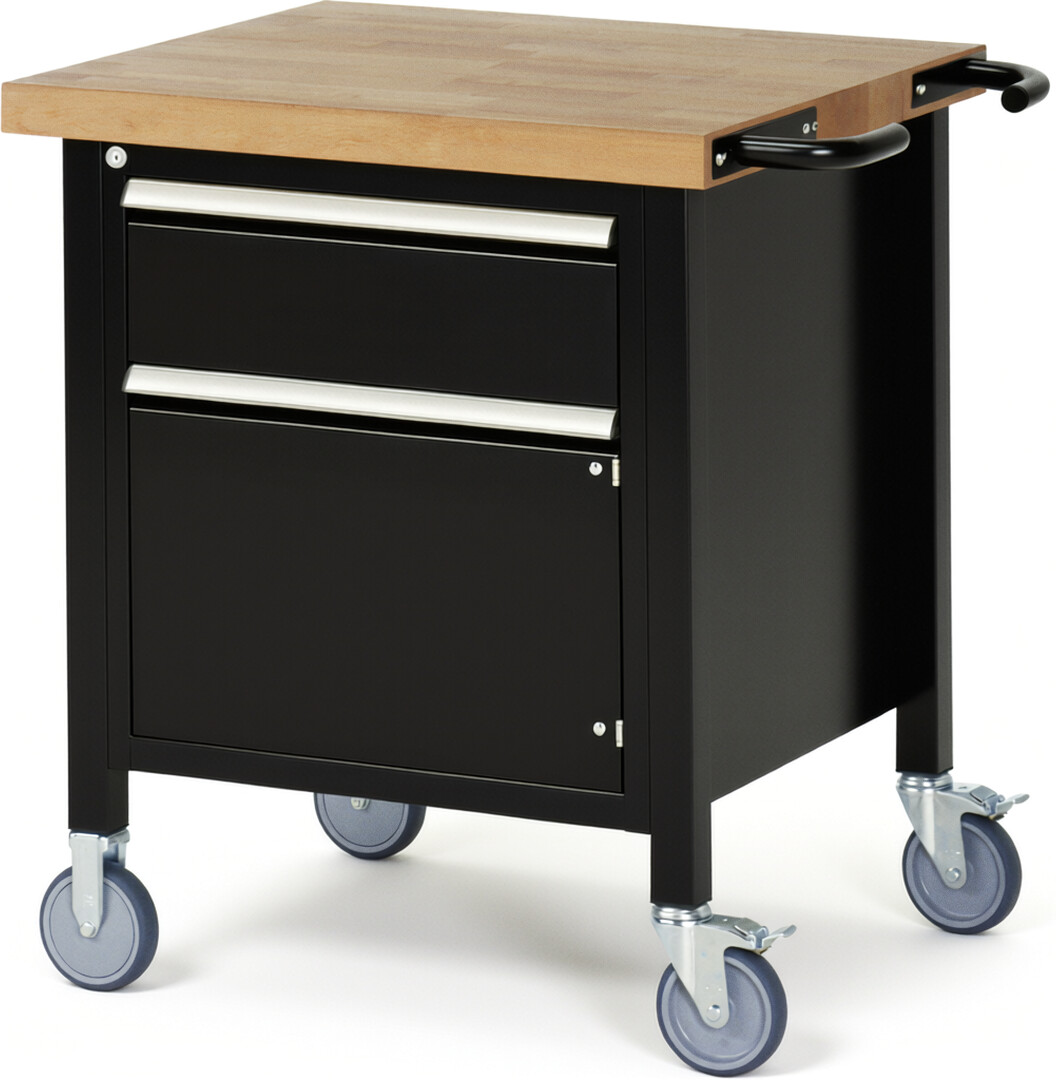 RAU Werkbank schwarz - Breite 75 cm - Tiefe 70 cm - Höhe 88 cm - Buche-Massiv Arbeitsplatte 40 mm