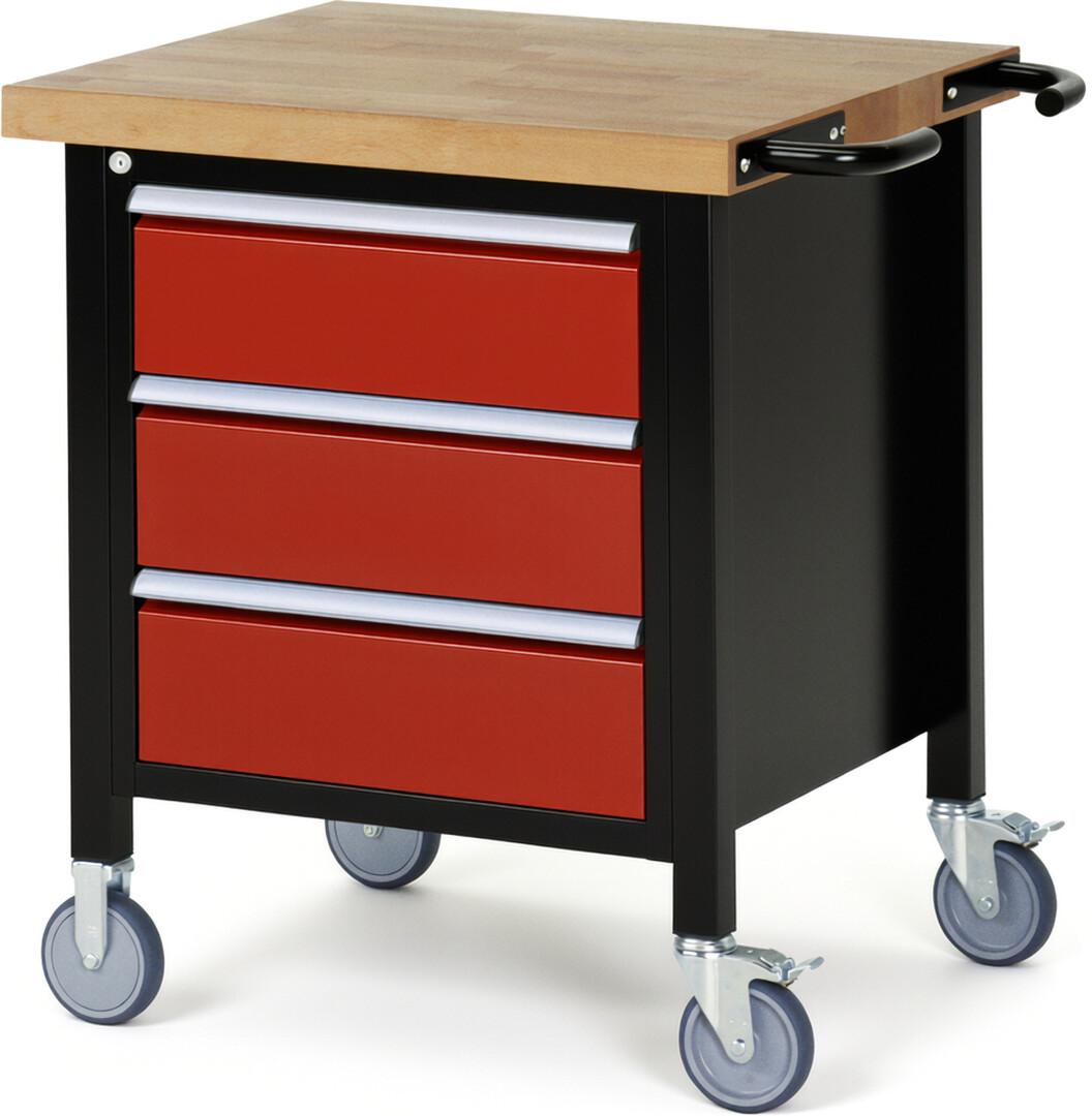 RAU Werkbank schwarz - rot - Breite 75 cm - Tiefe 70 cm - Höhe 88 cm - Buche-Massiv Arbeitsplatte 40 mm