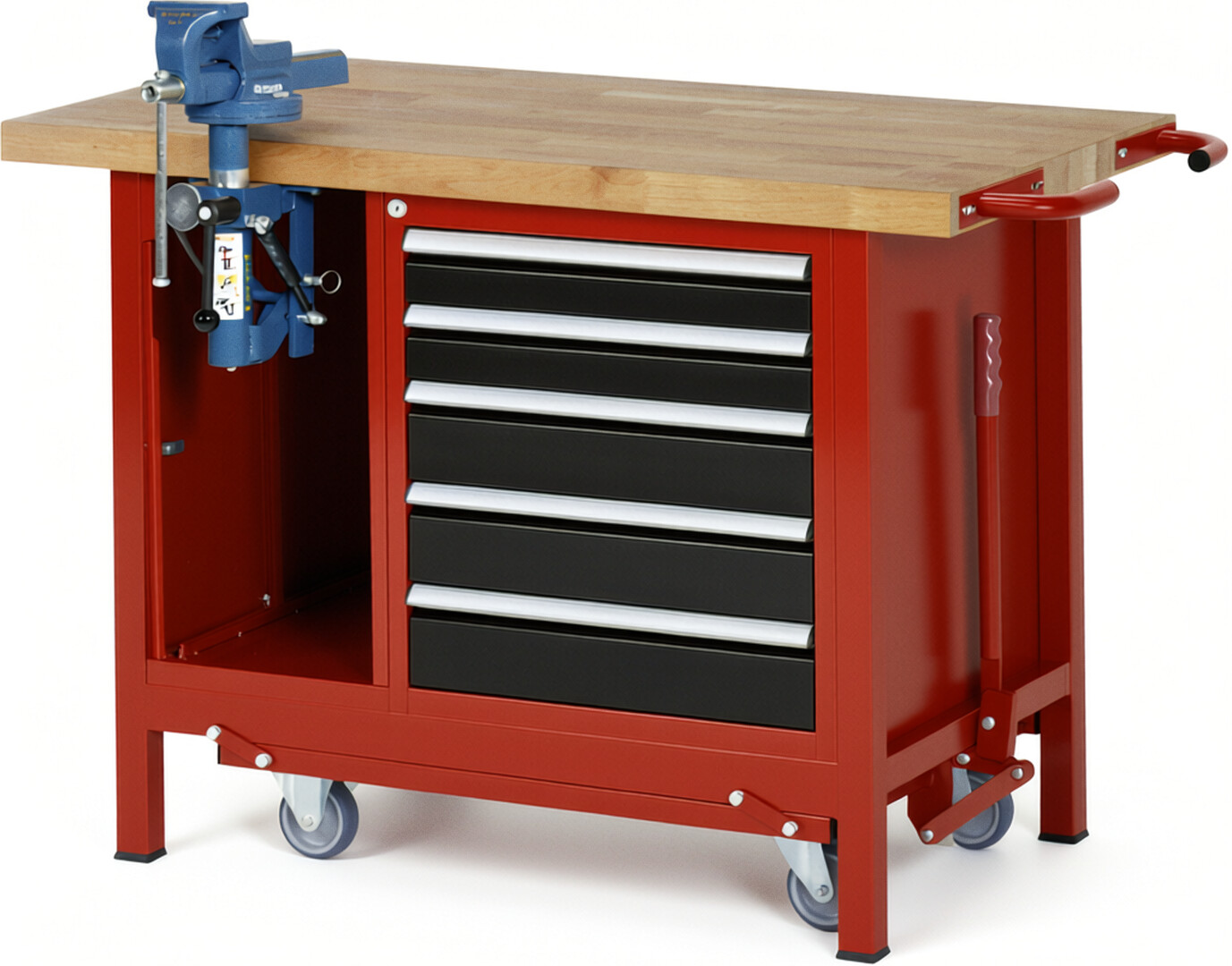Absenkbare Werkbank Modell 8187 rot - schwarz, BxTxH 1250x700x880 mm,  Buche-Massiv Arbeitsplatte 40 mm,  5 Schubladen mit  Auszug 90 %