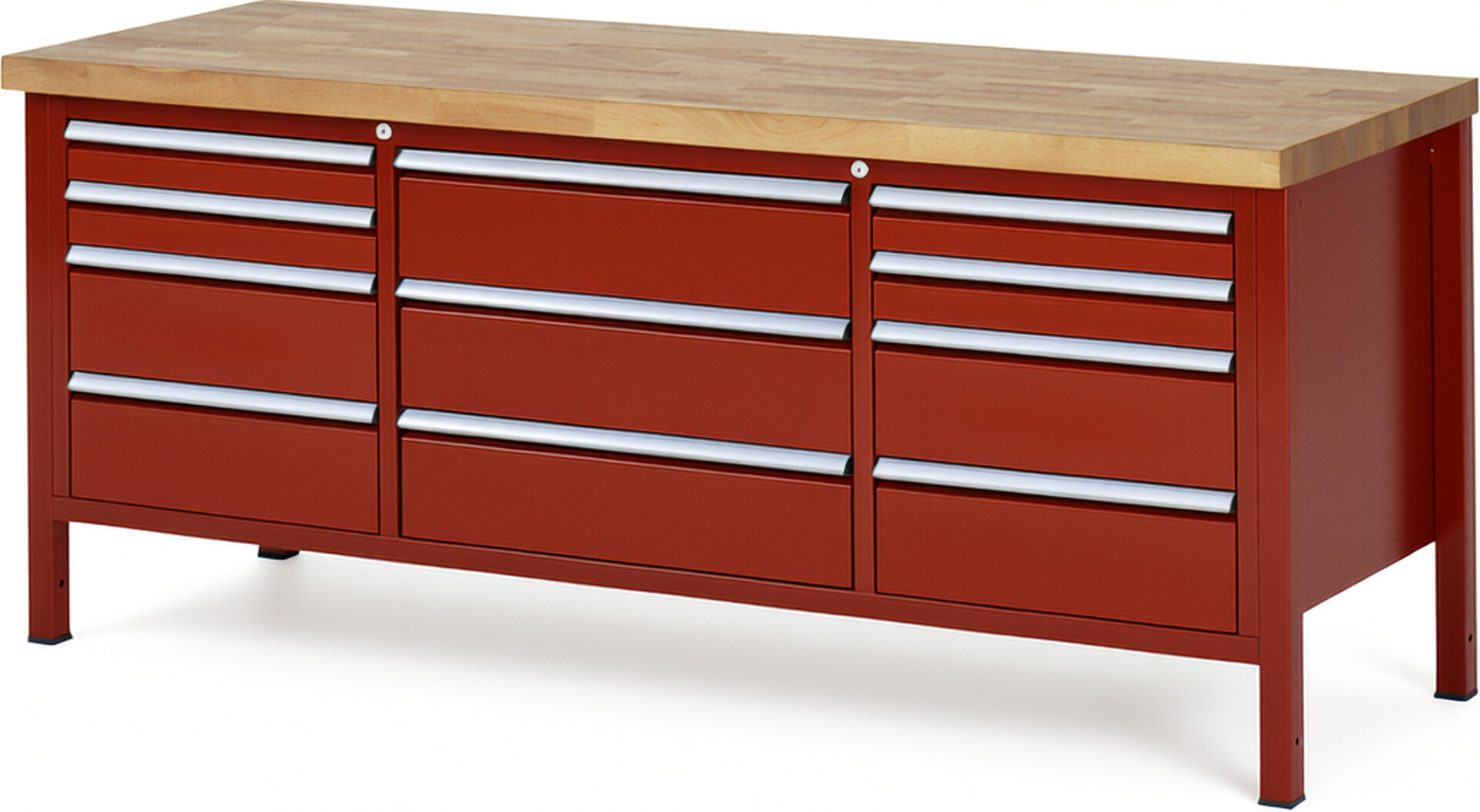 Werkbank Modell 8757 rot, BxTxH 2000x700x840 mm,  Buche-Massiv Arbeitsplatte 40 mm,  11 Schubladen mit  Auszug 90 %