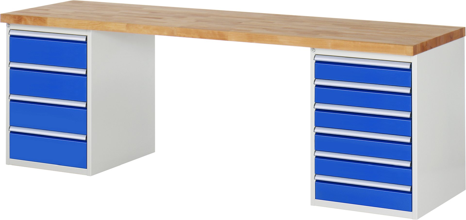 Werkbank Modell 7821 rot - schwarz, BxTxH 2500x700x890 mm,  Buche-Massiv Arbeitsplatte 40 mm,  10 Schubladen mit  Vollauszug 100 % und  SoftClosing