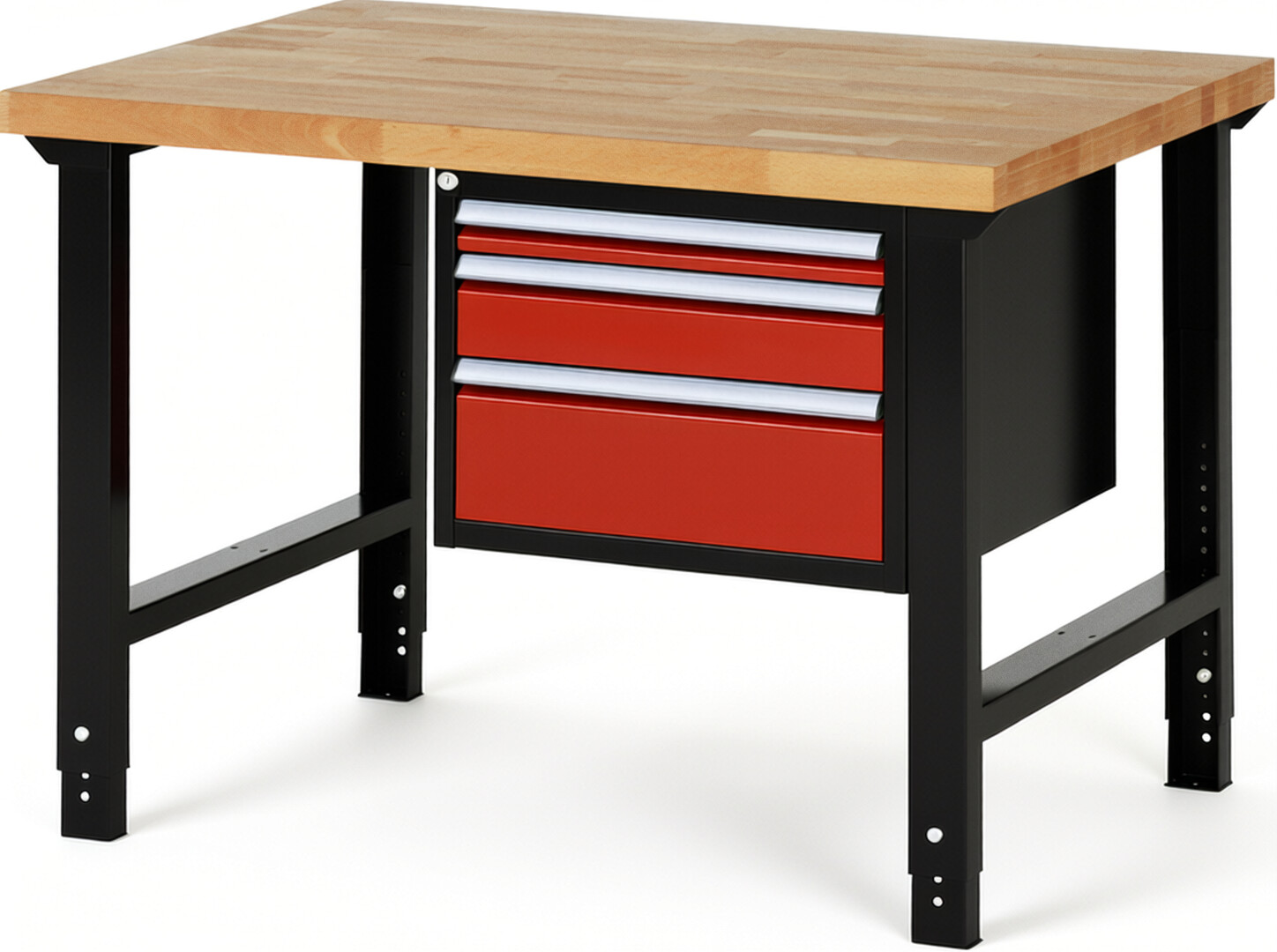 RAU Werkbank schwarz - rot - Breite 125 cm - Tiefe 90 cm - Höhe 114 cm - Buche-Massiv Arbeitsplatte 40 mm