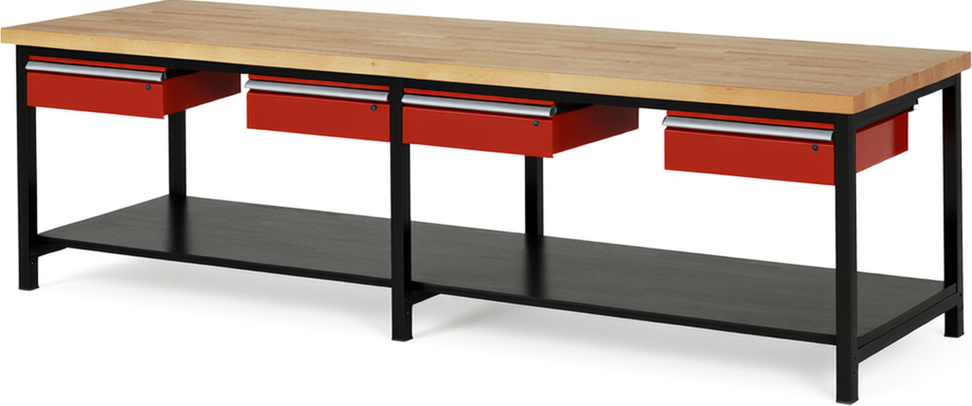 RAU Werkbank schwarz - rot - Breite 300 cm - Tiefe 90 cm - Höhe 104 cm - Buche-Massiv Arbeitsplatte 40 mm