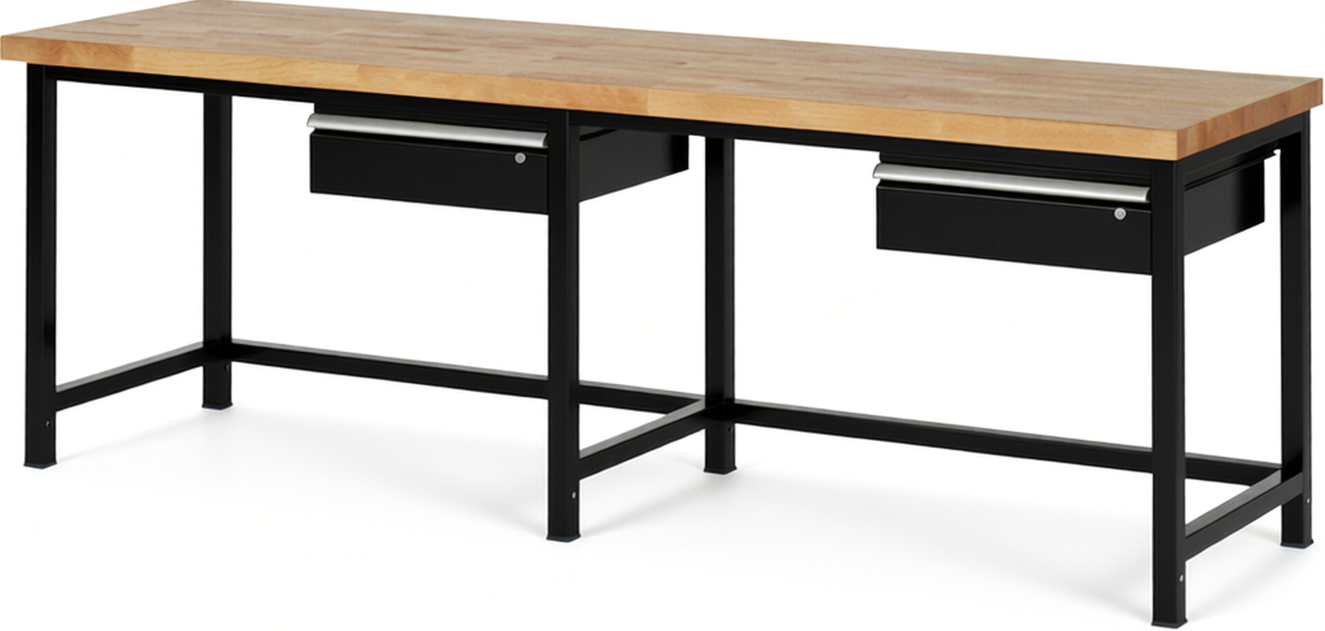 Werkbank Modell 8001 schwarz, BxTxH 2500x700x840-1040 mm,  Buche-Massiv Arbeitsplatte 40 mm,  2 Schubladen mit  Auszug 90 %