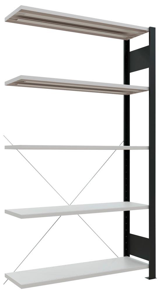 Lagerregal, Steckregal, Anbaufeld, Rahmen schwarz, 5 Fachböden RAL 7035 lichtgrau, ohne Anschlagleiste, Fachlast 85 kg, BxTxH 1000x300x1800 mm