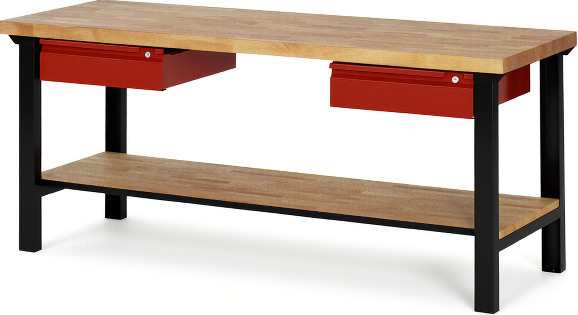 RAU Werkbank schwarz - rot - Breite 200 cm - Tiefe 70 cm - Höhe 84 cm - Buche-Massiv Arbeitsplatte 40 mm