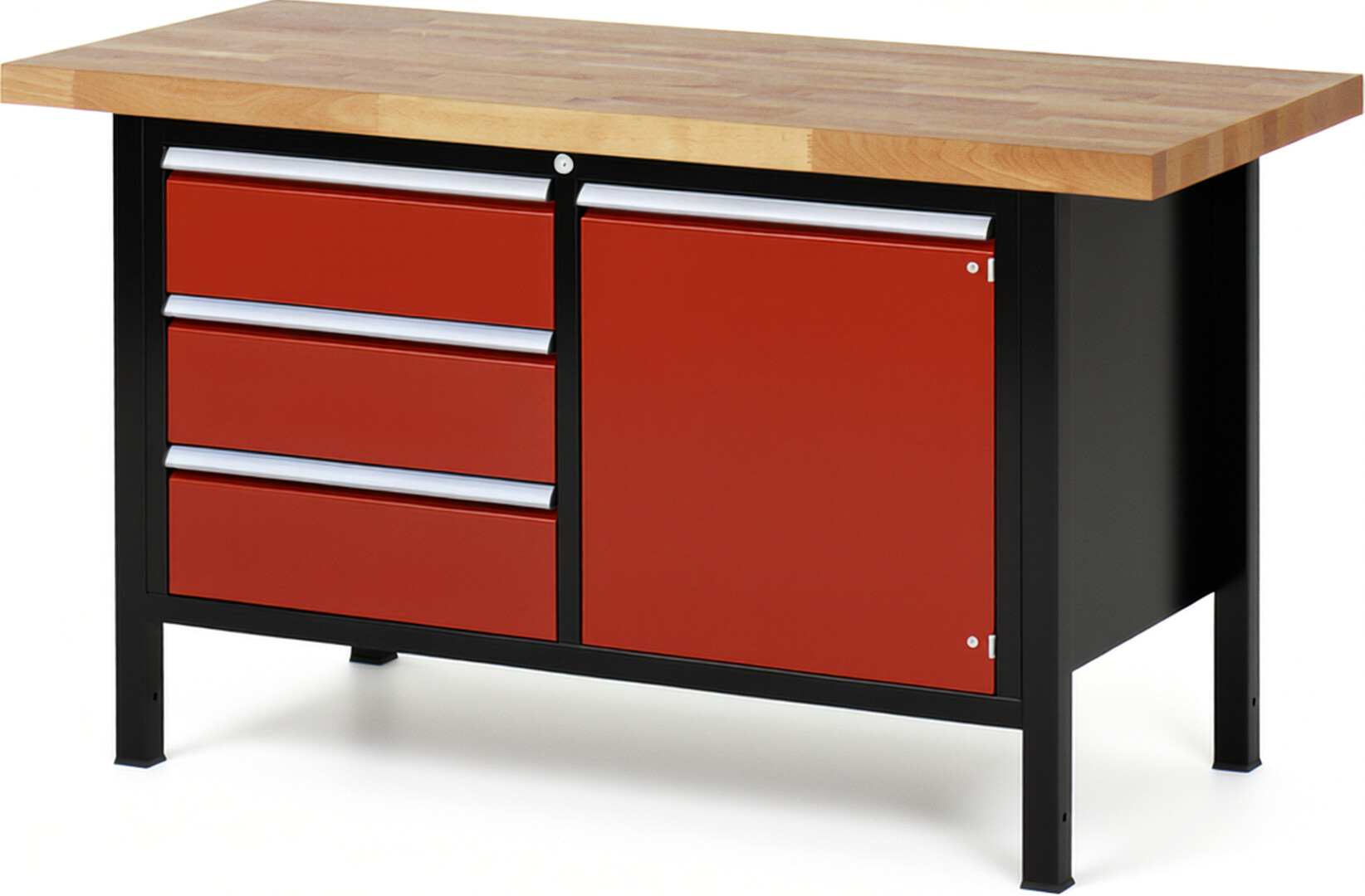 RAU Werkbank schwarz - rot - Breite 150 cm - Tiefe 70 cm - Höhe 104 cm - Buche-Massiv Arbeitsplatte 40 mm