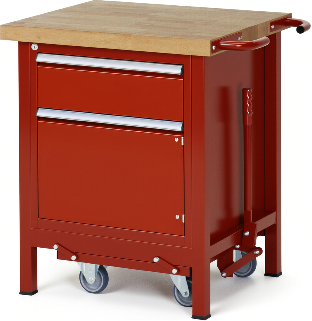 Absenkbare Werkbank Modell 8152 rot, BxTxH 750x700x880 mm,  Buche-Massiv Arbeitsplatte 40 mm,  1 Schublade mit  Vollauszug 100 % und  SoftClosing