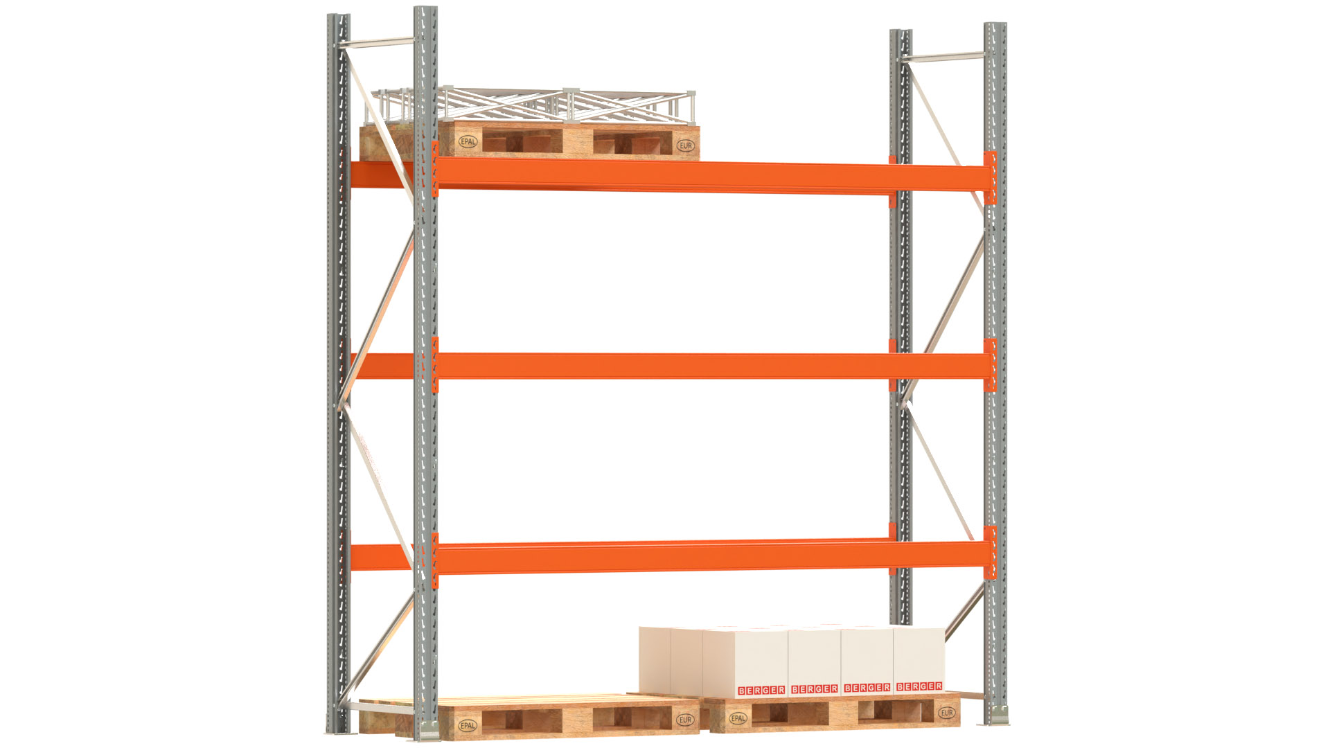 Palettenregal ARTUS - Breite 287 cm - Höhe 300 cm - Tiefe 80 cm - 3 Träger-Ebenen - Fachlast 2000 kg - 8 Palettenstellplätze