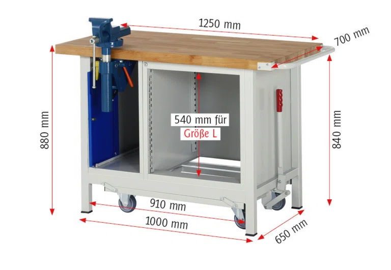 Absenkbare Werkbank Modell 8183 rot - schwarz, BxTxH 1250x700x880 mm,  Buche-Massiv Arbeitsplatte 40 mm,  3 Schubladen mit  Vollauszug 100 % und  SoftClosing