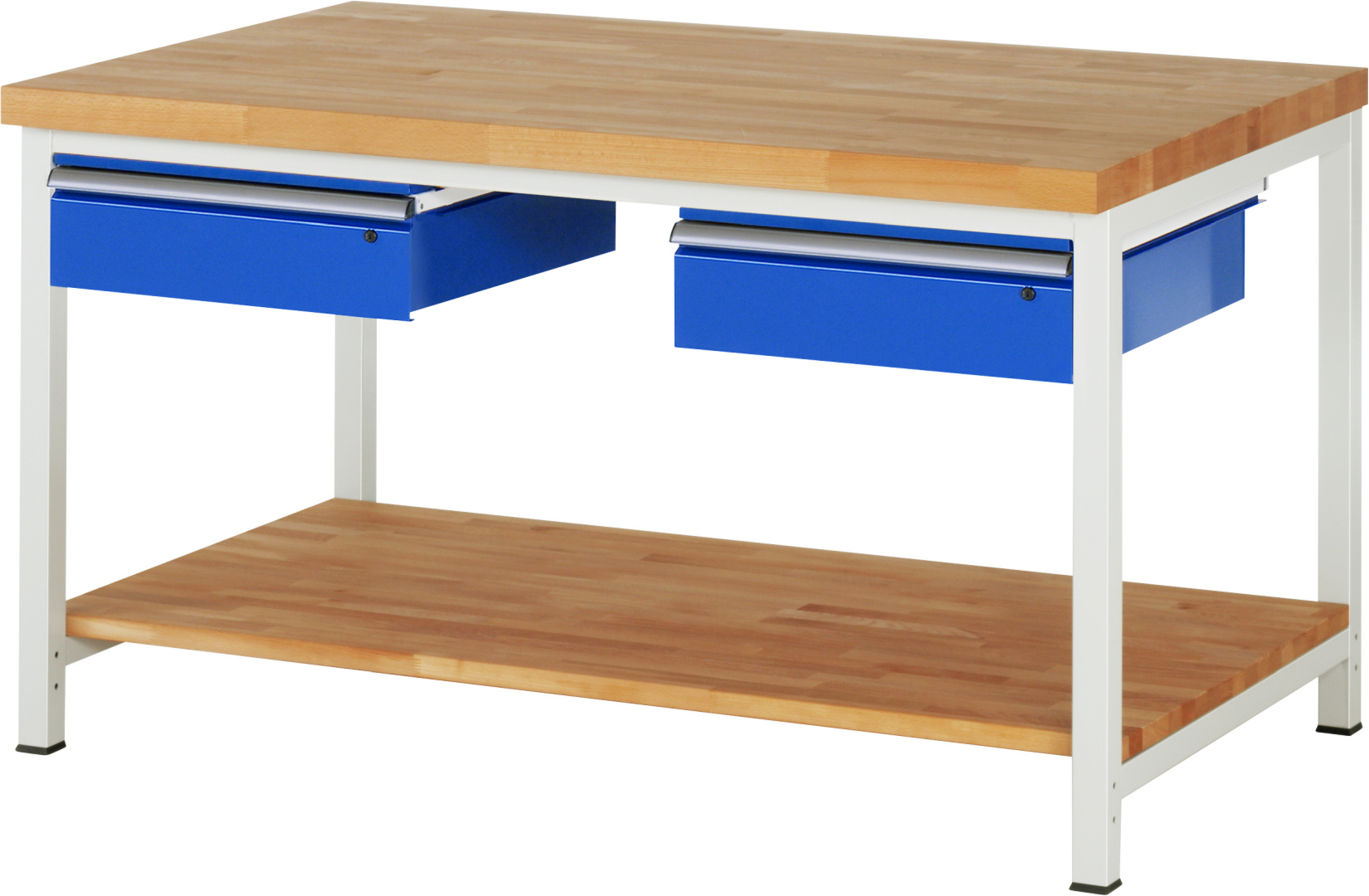 Werkbank Modell 8002,  BxTxH 1500x900x840-1040 mm,  Buche-Massiv Arbeitsplatte 40 mm,  2 Schubladen mit  Auszug 90 %