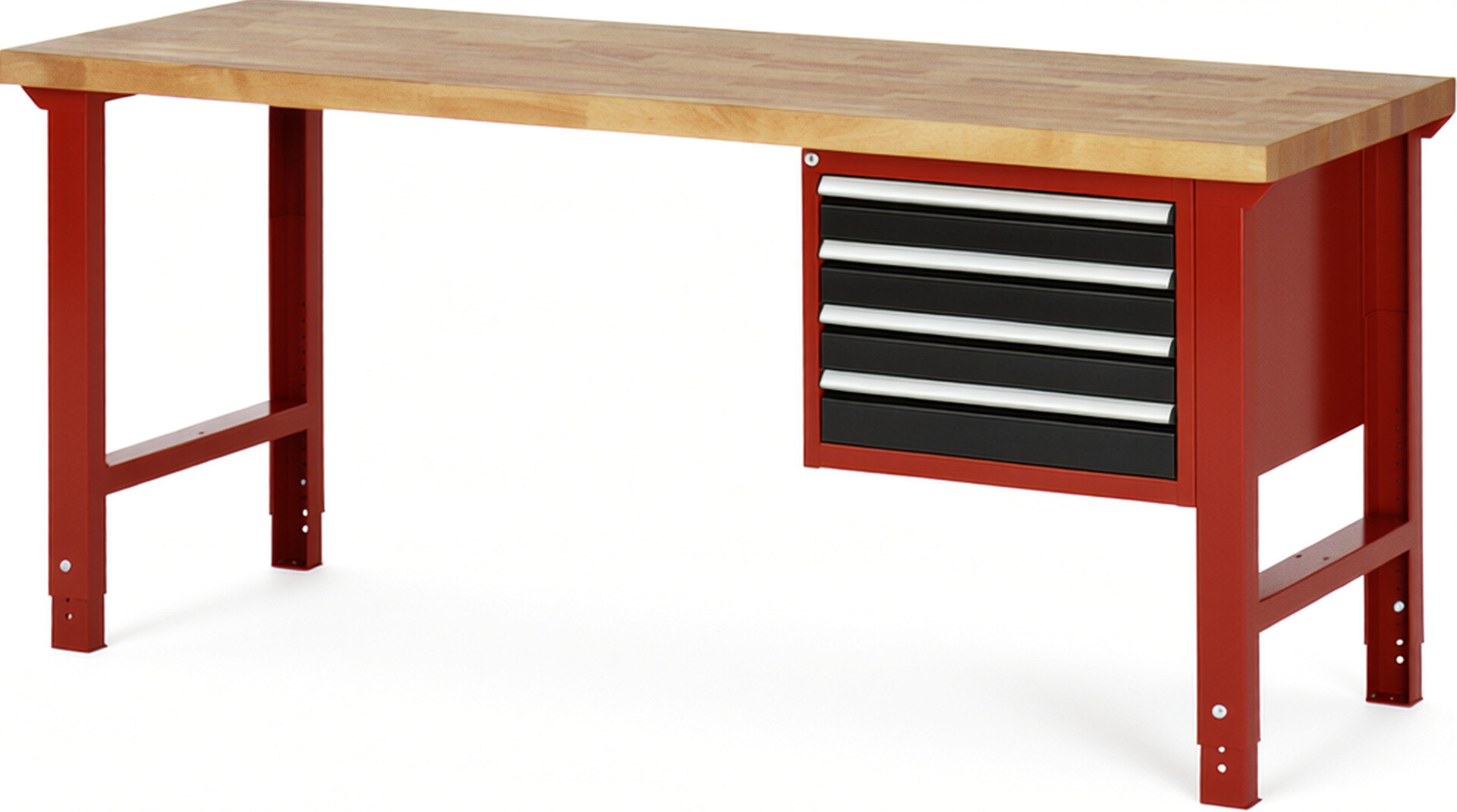 Werkbank Modell 7133 rot - schwarz, BxTxH 2000x700x790-1140 mm,  Buche-Massiv Arbeitsplatte 40 mm,  4 Schubladen mit  Auszug 90 %