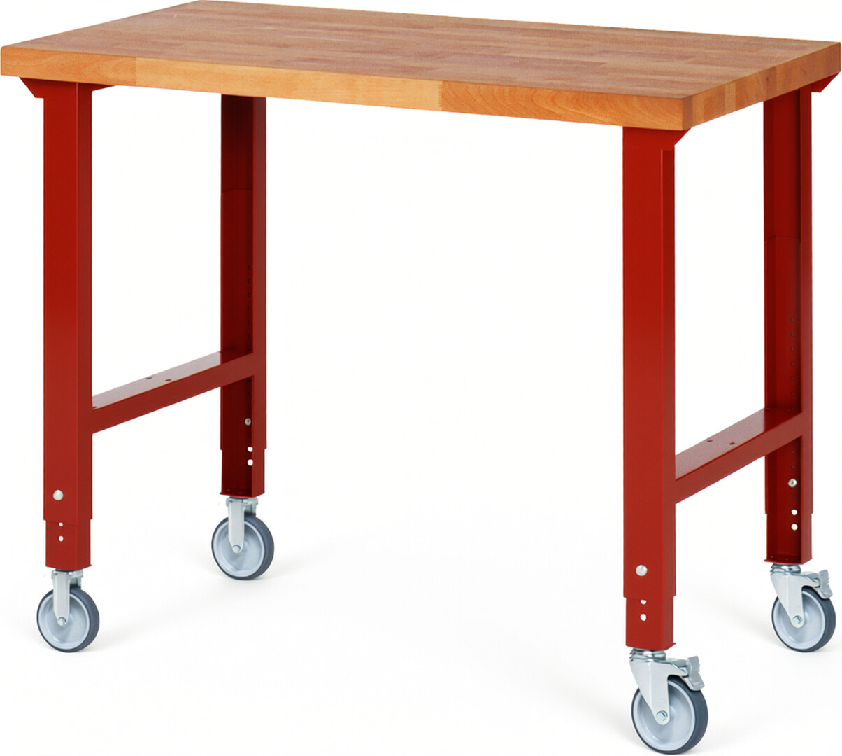 Fahrbare Werkbank Modell 7000 rot, BxTxH 1250x700x950-1000 mm,  Buche-Massiv Arbeitsplatte 40 mm